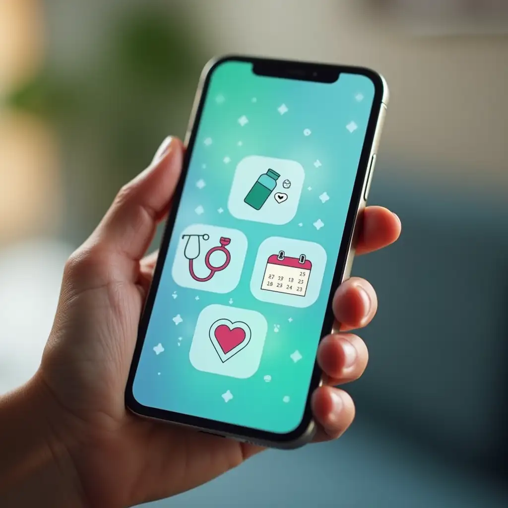 A hyper-detailed close-up of a hand holding a modern smartphone, showcasing a vibrant and intuitive health application interface. The screen features large, clear icons related to health services: a stethoscope symbol for consultations, a pill bottle for prescriptions, a heart icon for health tracking, and a calendar with marked medical appointments. The interface uses soft, calming colors like light blue, green, and white, creating a professional and user-friendly appearance. The phone screen emits a gentle glow, highlighting the details of the app. The hand holding the phone is relaxed and natural, with realistic skin textures. The background is slightly blurred but hints at a warm, clean environment, such as a home or office. The overall composition emphasizes trust, accessibility, and the modernity of digital health tools, with all elements polished in a photorealistic style.