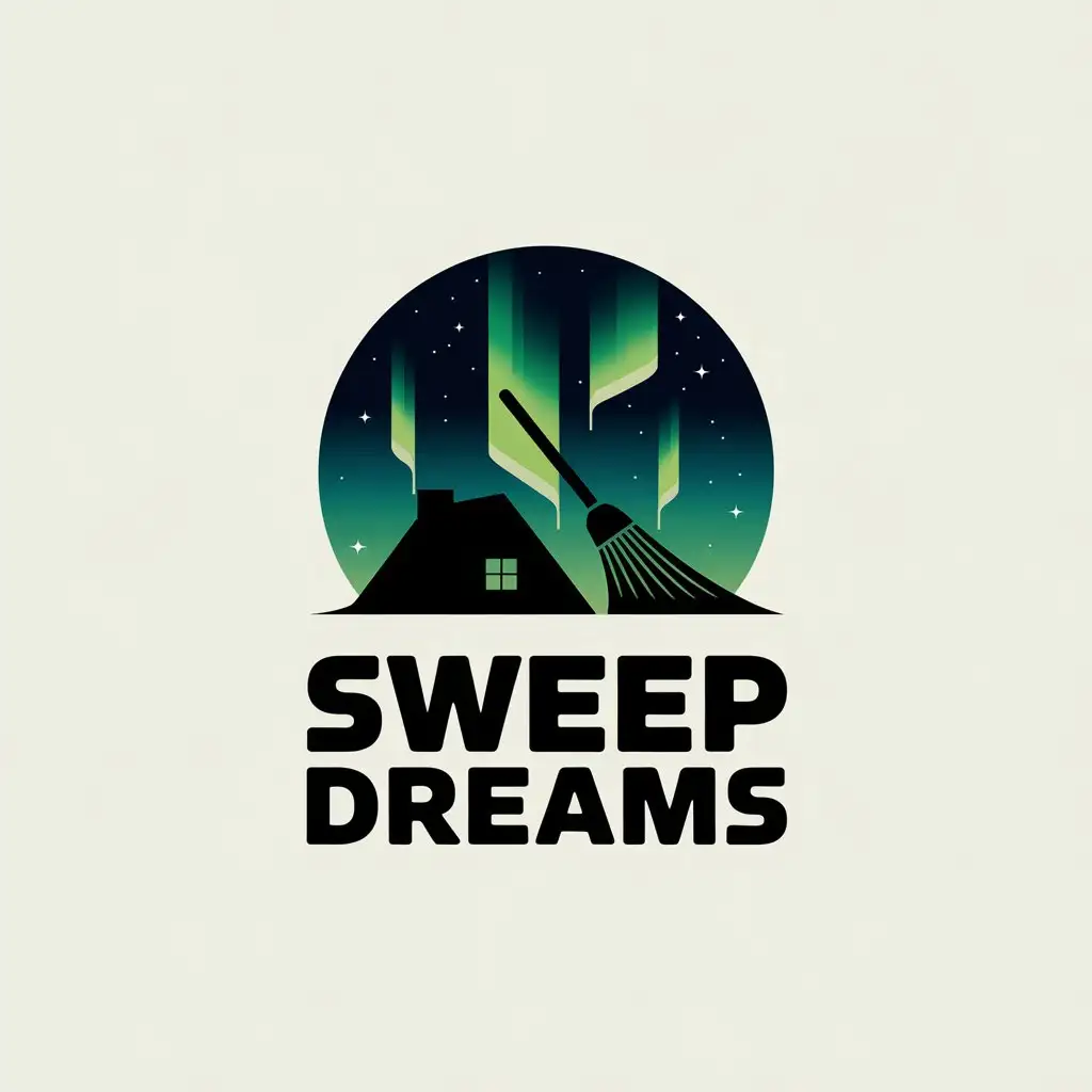 LOGO Design for Sweep Dreams House with Northern Lights and Broom Symbol Clear Background