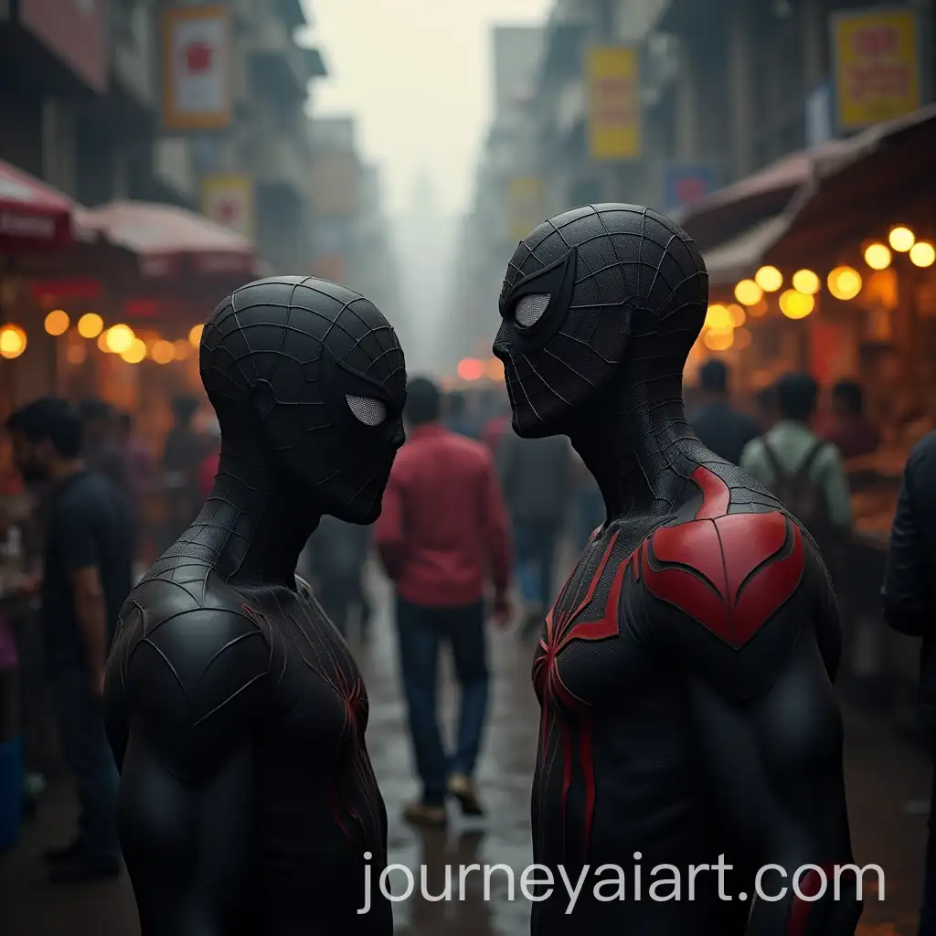 Spider-Men-in-Delhi-Market-Amidst-Crowds-in-Dark-Realistic-Tone