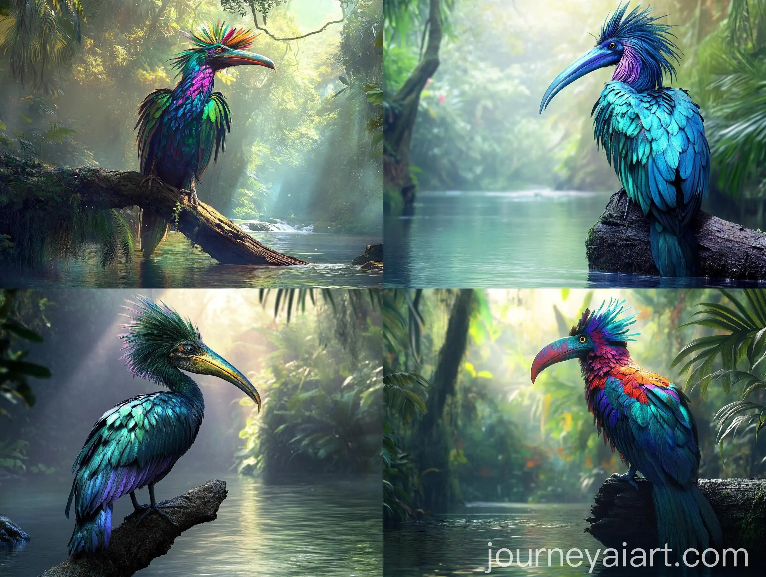 Iridescent-Mythological-Bird-Perched-in-Rainforest-River-Scene