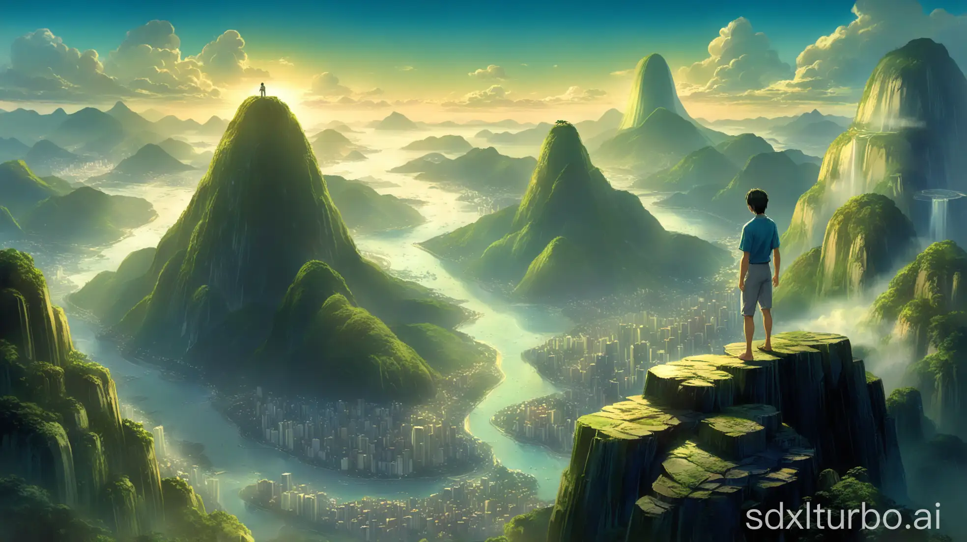 a painting of a man standing on top of a mountain, anime landscape, rio de janeiro in an anime film, fantasy matte painting，cute, anime scenery, ross tran and makoto shinkai, anime scenery concept art, makoto shinkai and tom bagshaw, very beautiful matte painting, makoto shinkai and (cain kuga), ross tran. scenic background