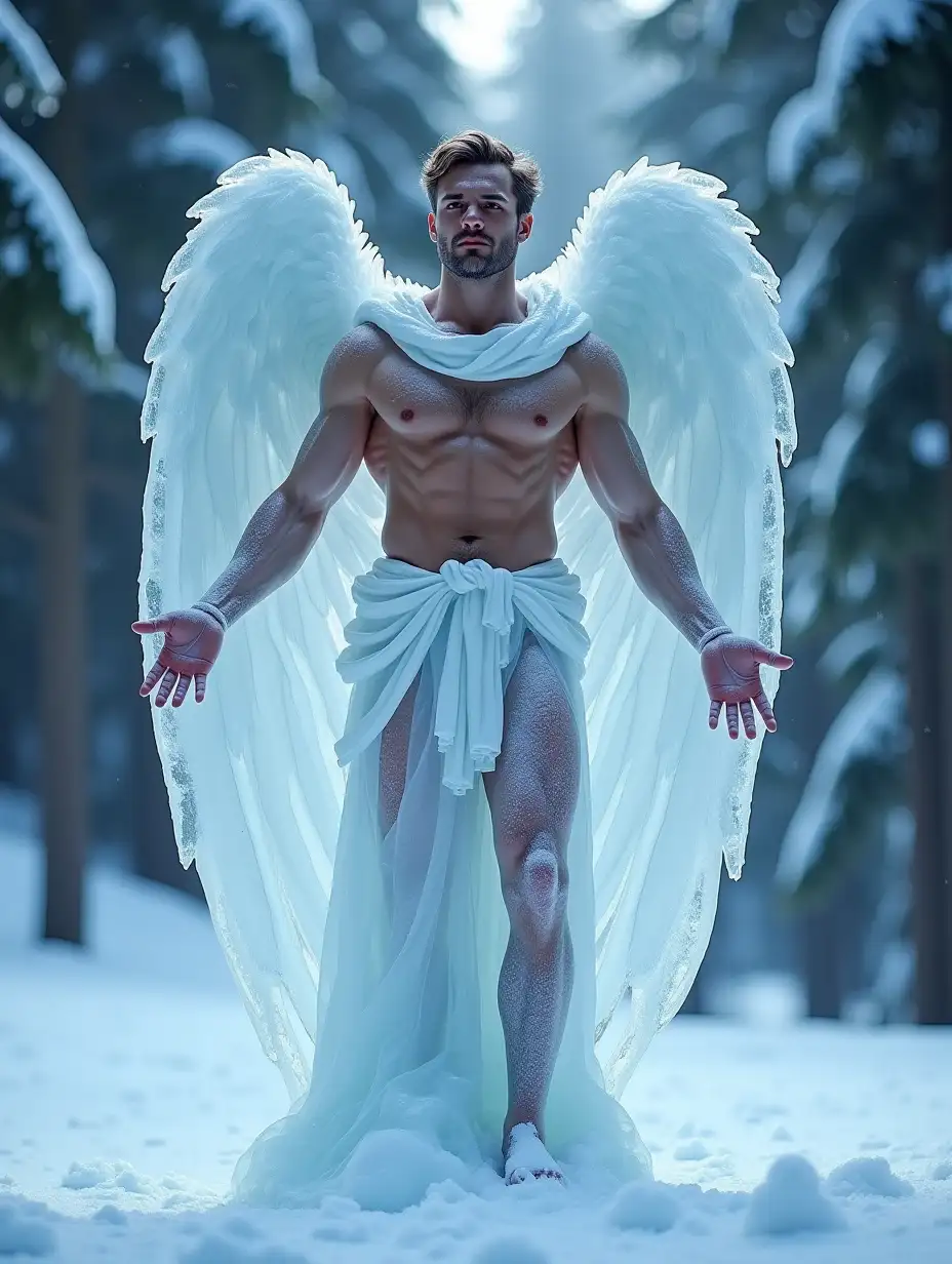 An ice statue of a handsome athletic male angel, 30 year-old, with bulging abs and pectorals, with outstretched big ice wings, bare chested with a ice cape over his shoulders, in a snowy fir forest, with unreal lighting. he scene is designed with stunning details like a realistic high-precision, high-definition, highly detailed photography.