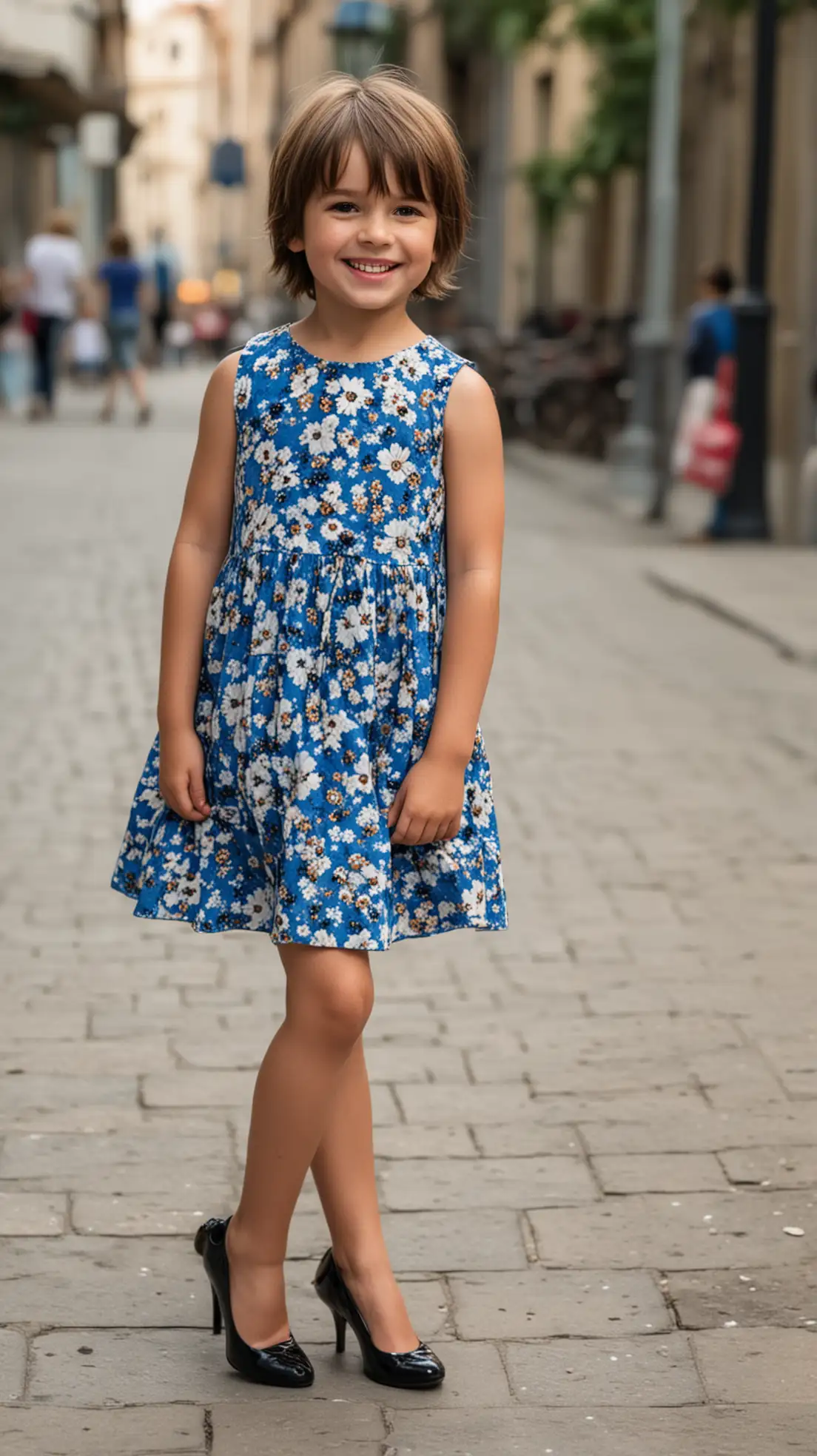 Young-Boy-in-Blue-Flower-Dress-and-Black-High-Heels-Smiling-in-the-City