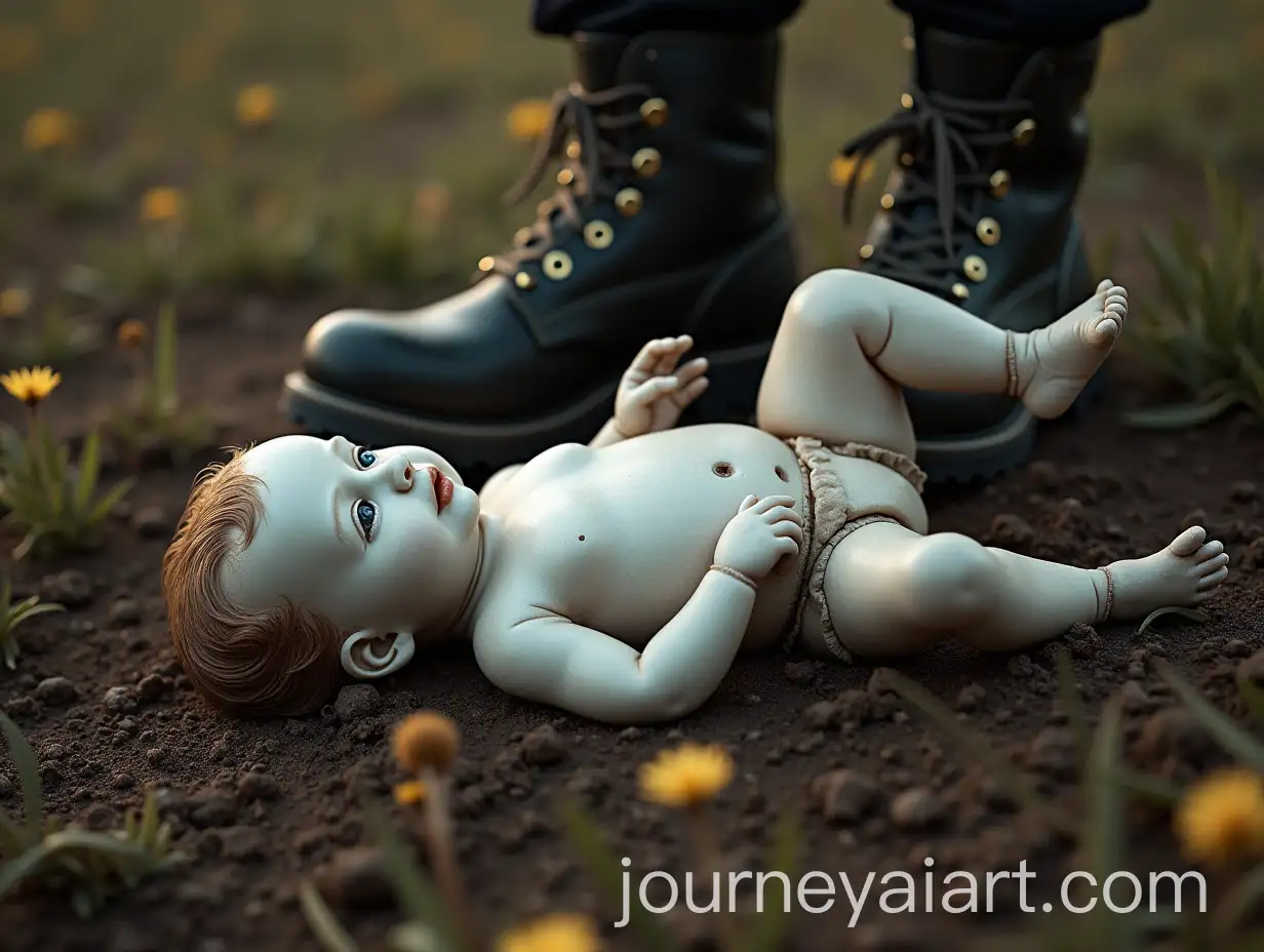 Crumpled-Porcelain-Baby-Amidst-Wilted-Flowers-Under-Moonlight