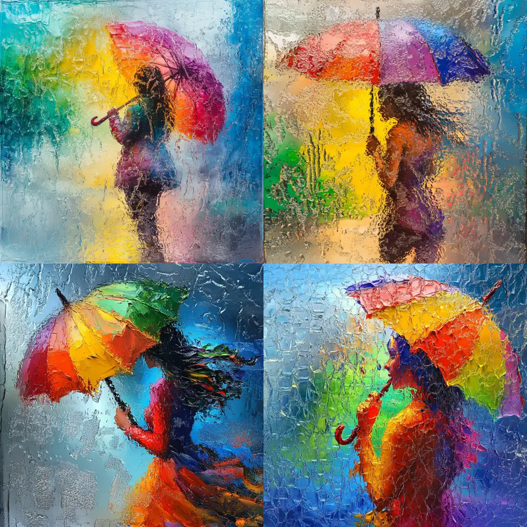 Woman-with-RainbowColored-Parasol-Seen-Through-Frosted-Window