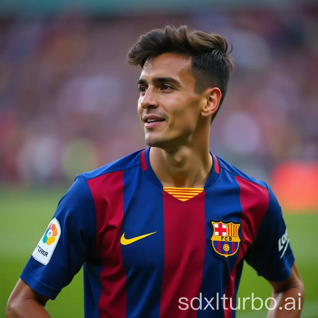 20 years old catalon football player, with barcelona jersey, in the stadium, in match, blur background