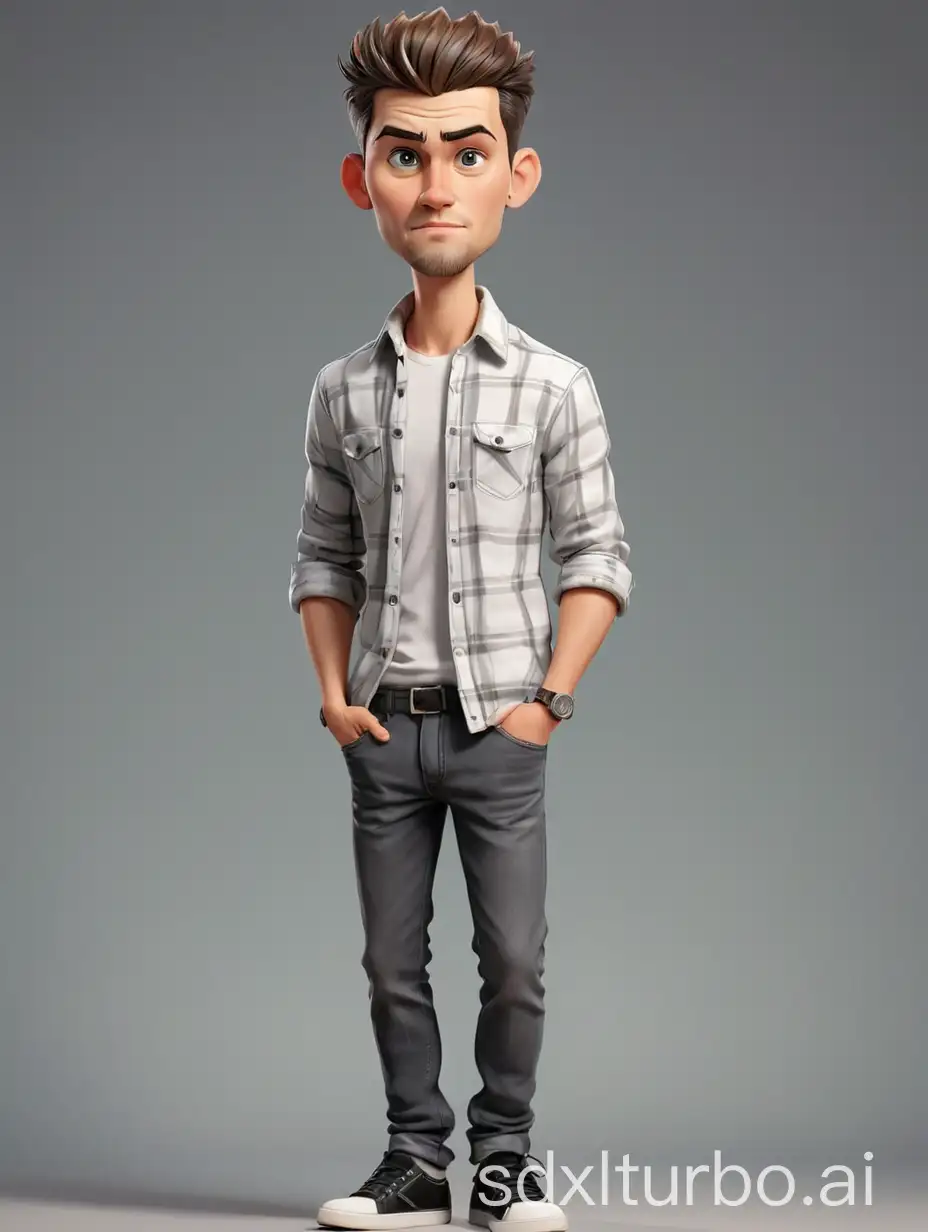 Full body realistic 4D caricature with big head. A 23 year old man. formal haircut, handsome face. wearing a white shirt and outer hem flanel black, gray long jeans, and casual high-top shoes, and digital watch