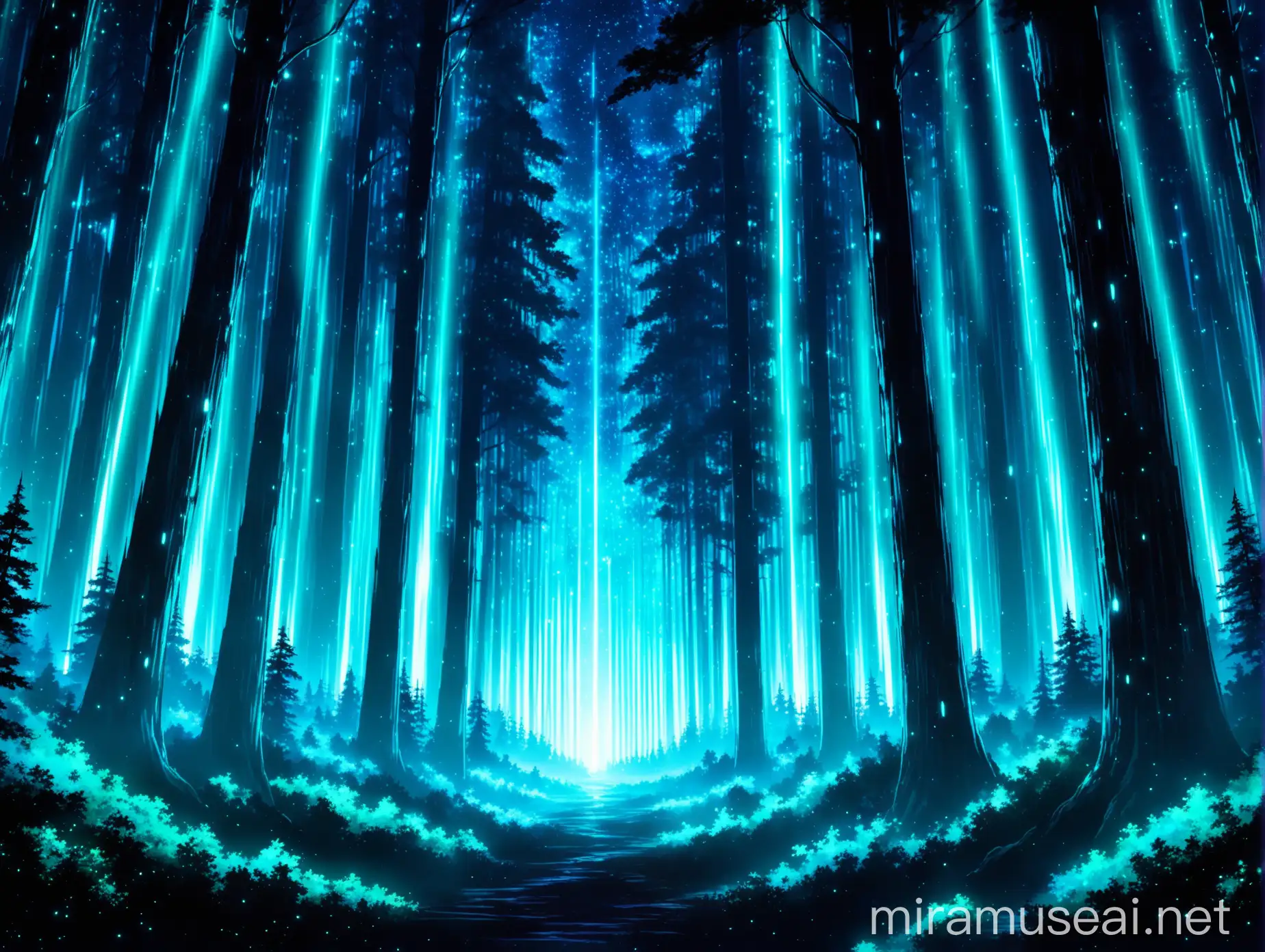 An anime blue glowing big forest, glow effect, luminous, futuristic, in epic space anime