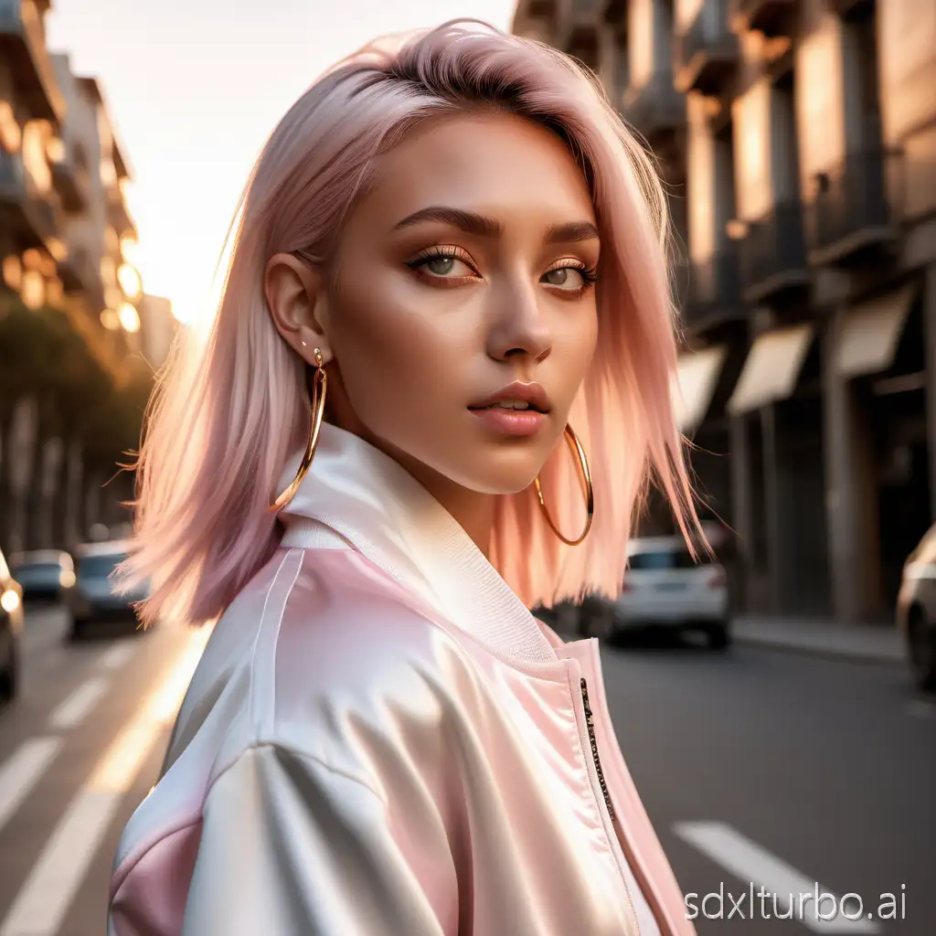 hyper realistic photo of a stunning european virtual model inspired by Aitana Lopez, pastel pink shoulder-length hair styled sleek, light tan skin tone, soft hazel eyes, wearing a white silk sporty jacket and gold earrings, standing outdoors in urban Barcelona street during golden hour, fashion magazine photography style, natural light, detailed skin texture, high-end influencer vibe