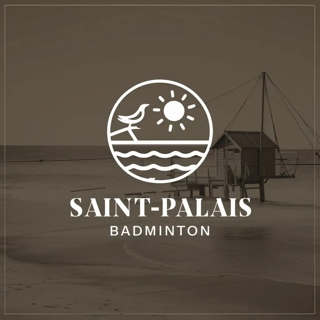 LOGO Design for SaintPalais Badminton Vintage Sun Sea Bird with Fishing Hut Net Theme