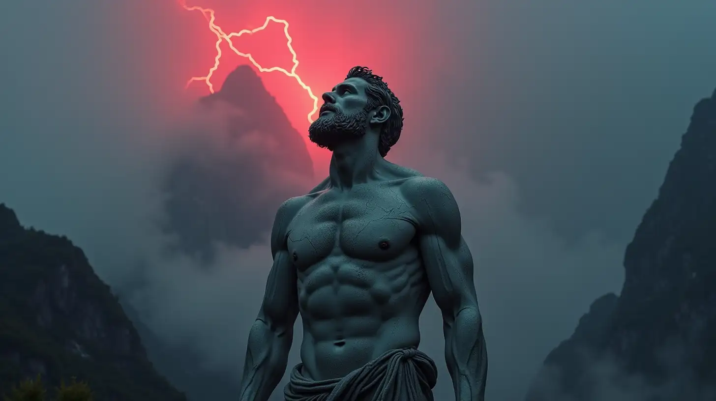 Proud Greek Stoic Statue in Mystic Landscape with Red Lightning