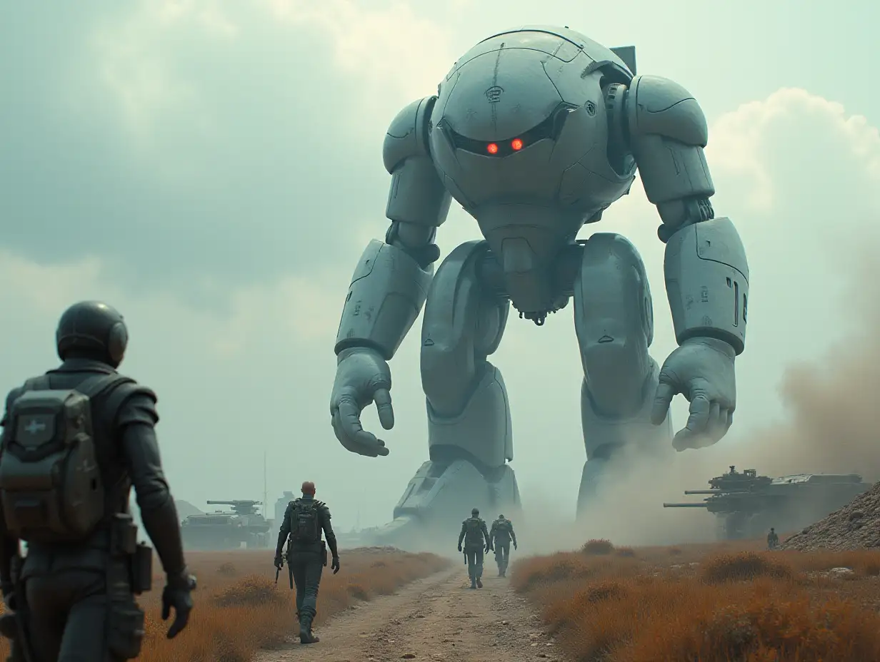 Create AI fantasy with a high-resolution, realistic image of Robert, 40 meters tall, and an alien, with battle robots and cell tanks on the alien on Pandora 4k resolution