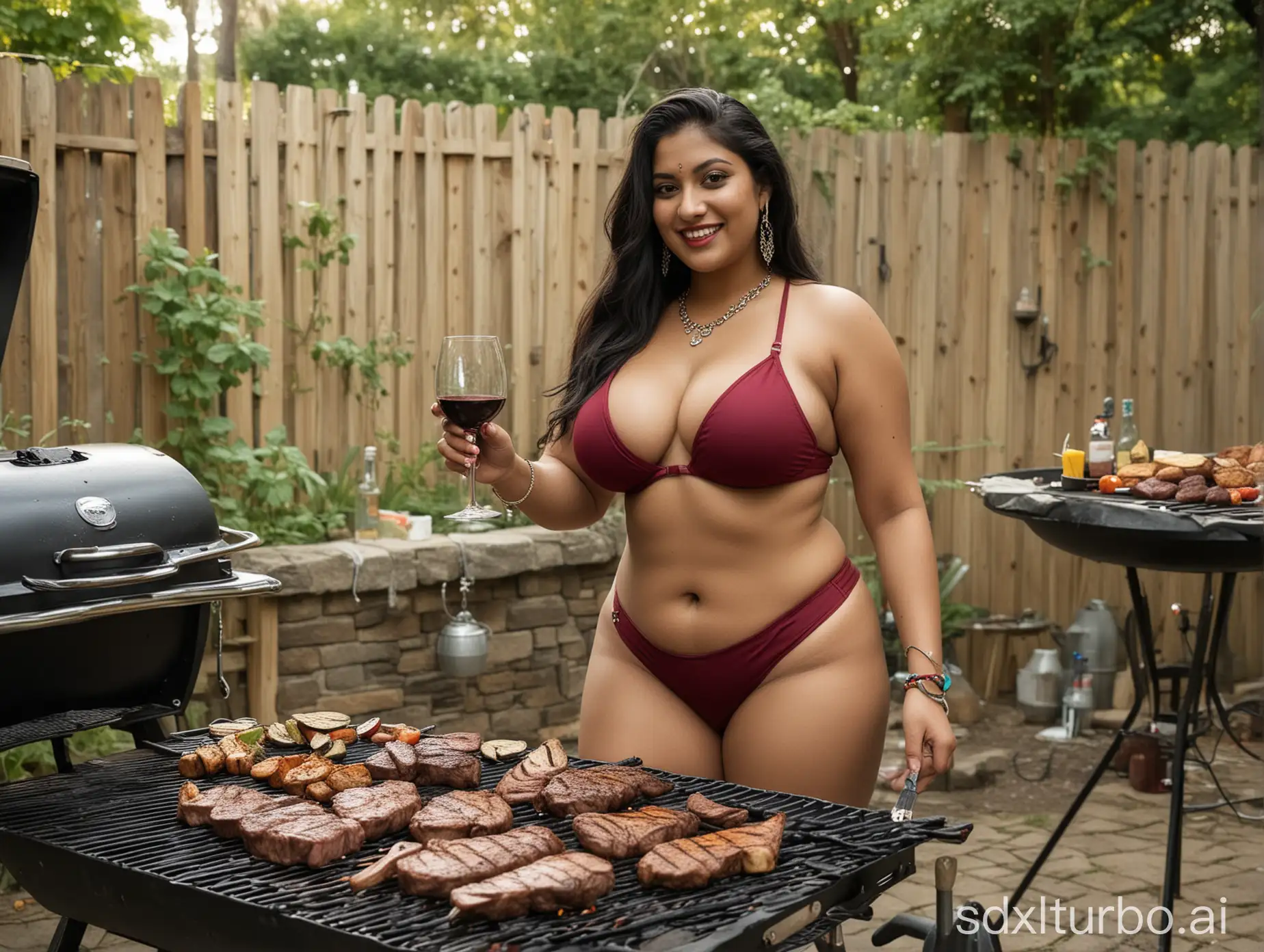 thick woman,indian, bikini, jewelery, enjoying wine , steak barbecue over an griller, backyard