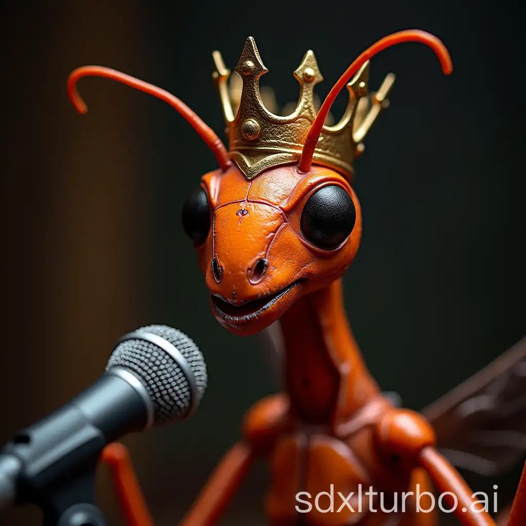 Red-Ant-King-in-Crown-Preparing-for-Speech-with-Microphone