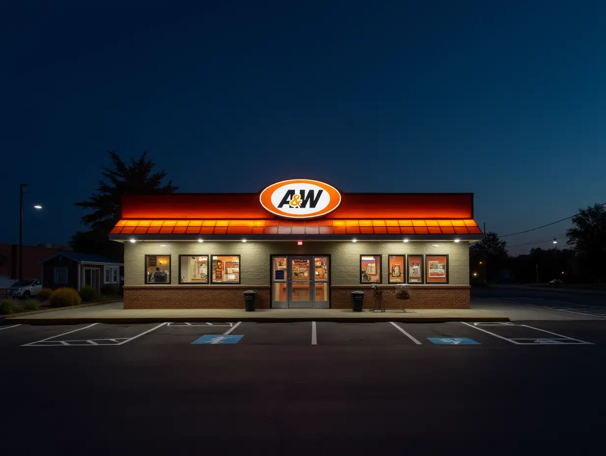 Nighttime-AW-Restaurant-on-a-Spacious-Parking-Lot