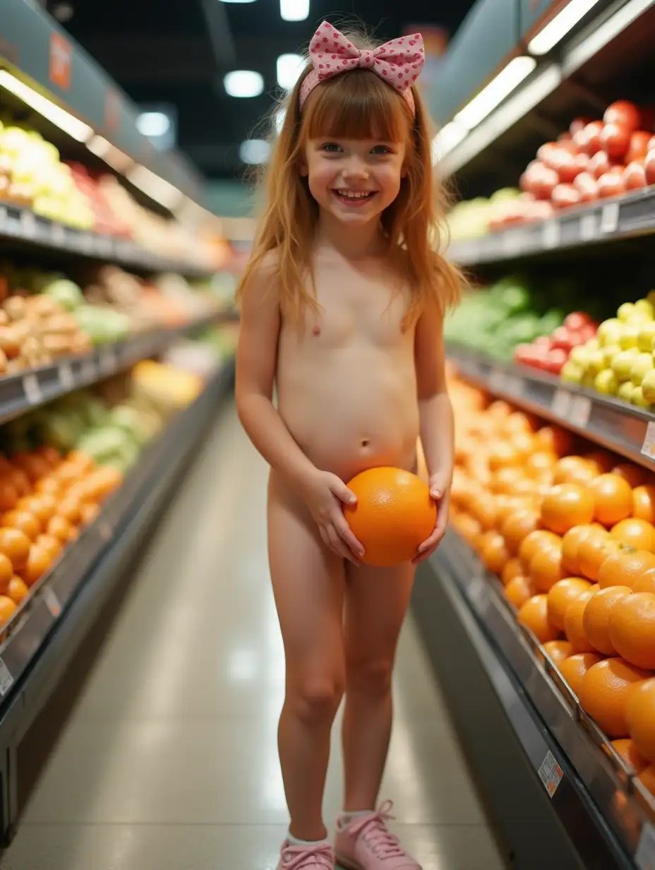 Skinny little girl, copper blonde hair, bangs, bowsl, blue eyes, pale shiny bare skin. No shirt. Skinny bare thighs, sneakers. Standing in the produce section of a grocery store. Holding a grapefruit in front of her hips. Skinny legs and feet visible. She is posing and grinning.