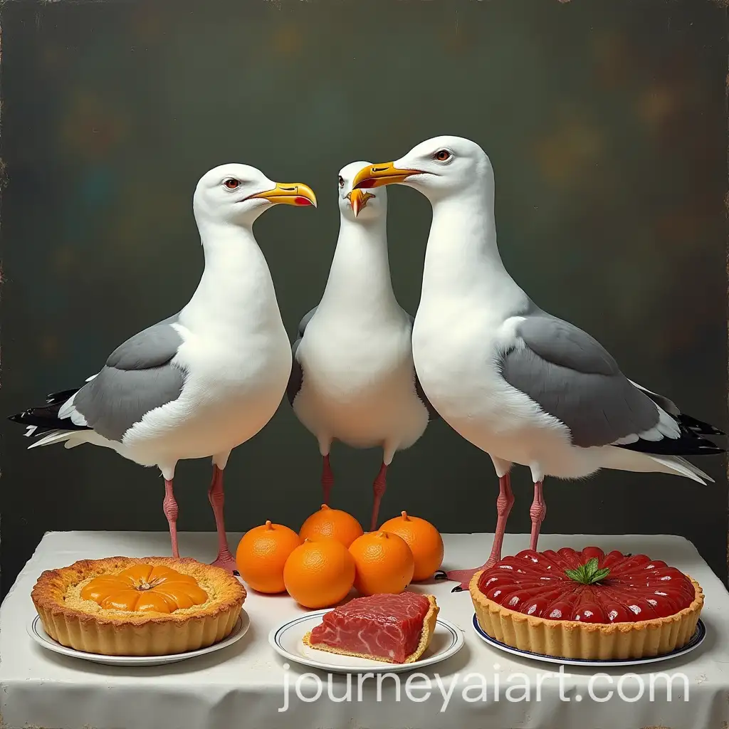 Three-Seagulls-on-a-Table-with-Jellied-Meat-Pies-and-Tangerines