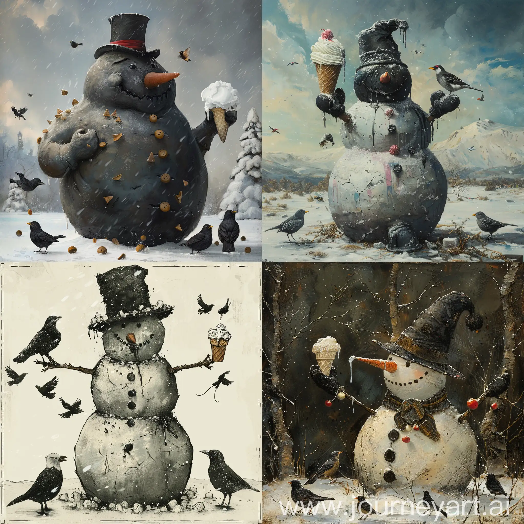 Giant-Black-Snowman-Giving-Ice-Cream-to-Birds