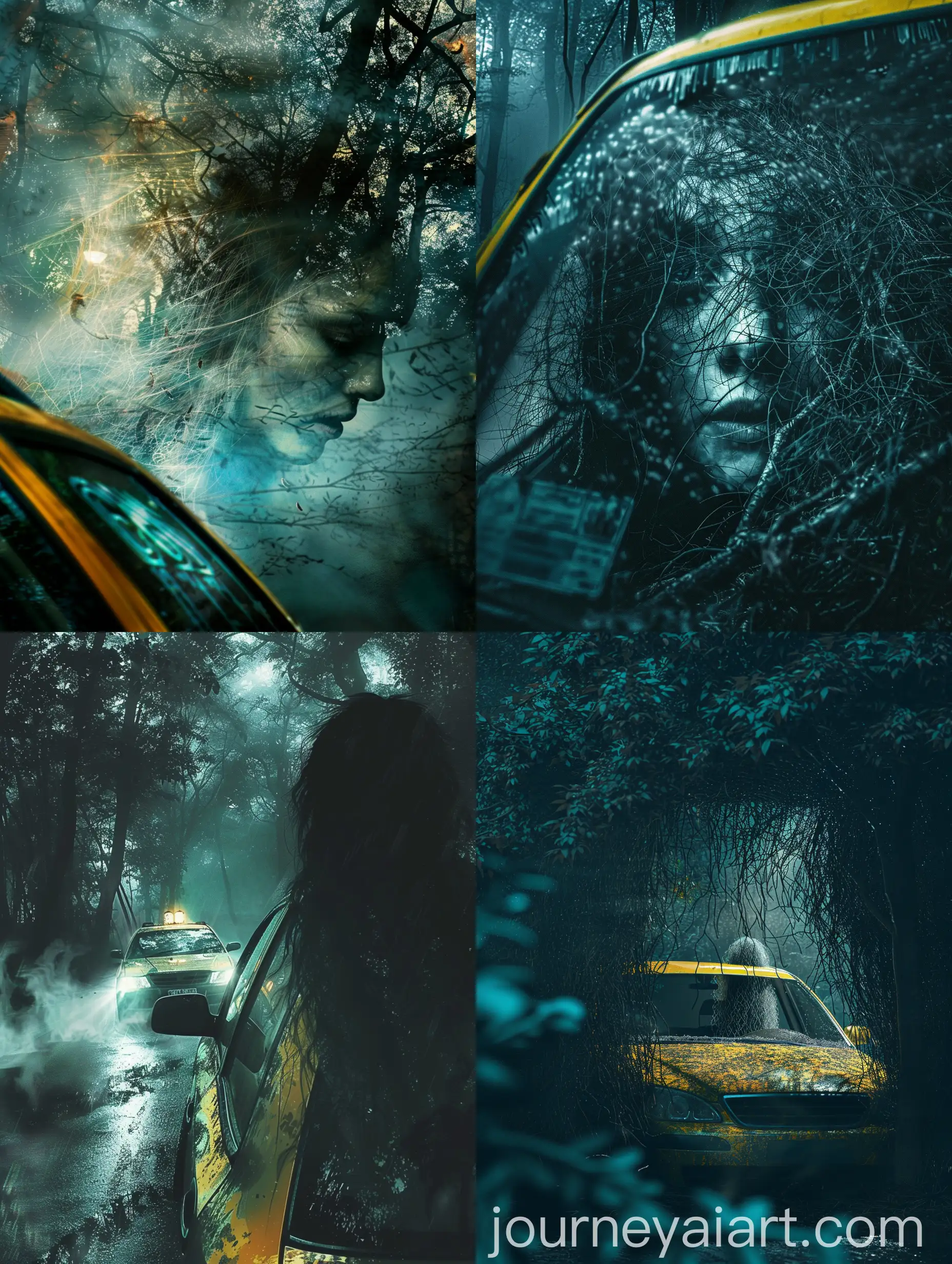 Nighttime-Collision-Taxi-and-Mystic-Ghost-Woman-in-Forest