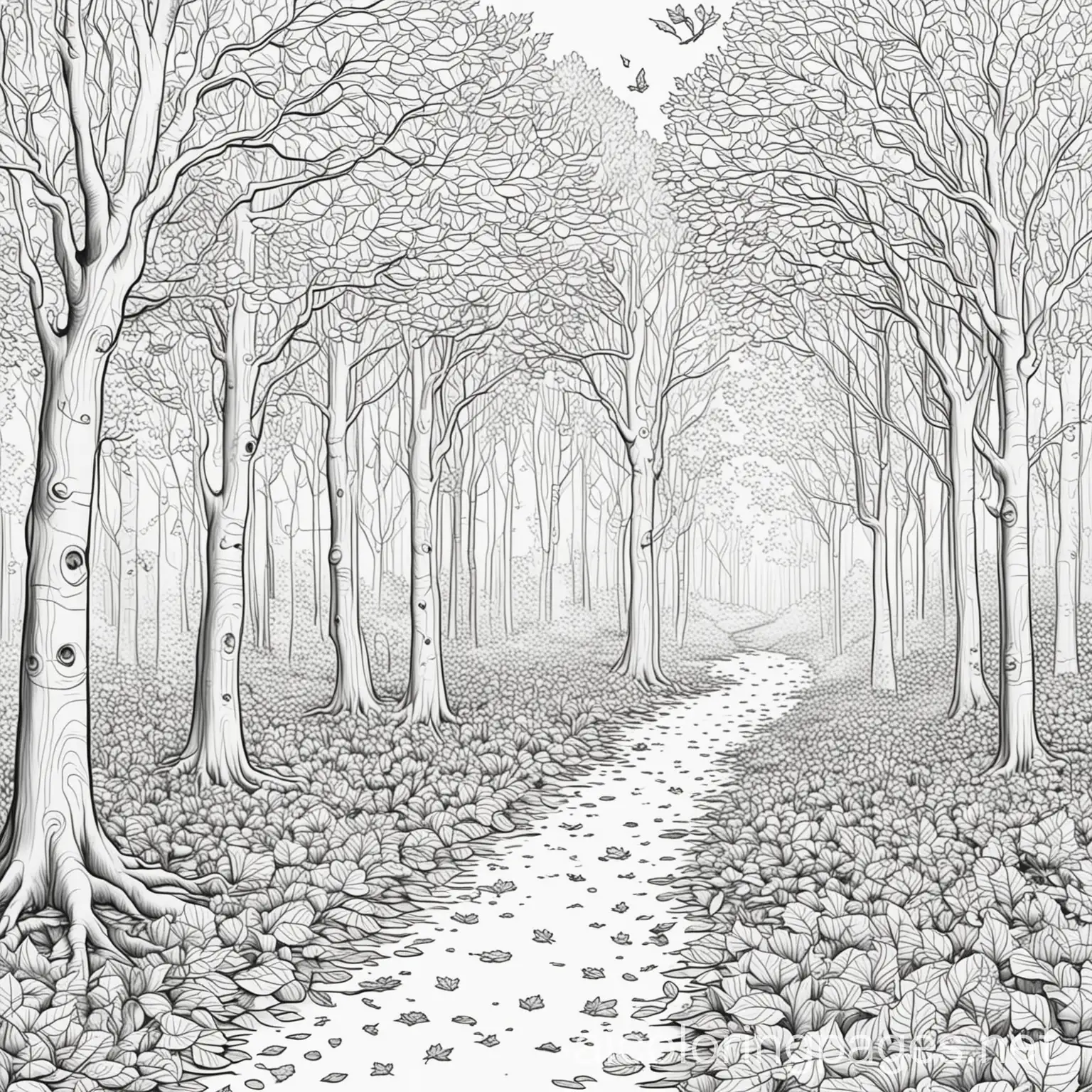 An autumn forest with trees shedding their colorful leaves, Coloring Page, black and white, line art, white background, Simplicity, Ample White Space. The background of the coloring page is plain white to make it easy for young children to color within the lines. The outlines of all the subjects are easy to distinguish, making it simple for kids to color without too much difficulty