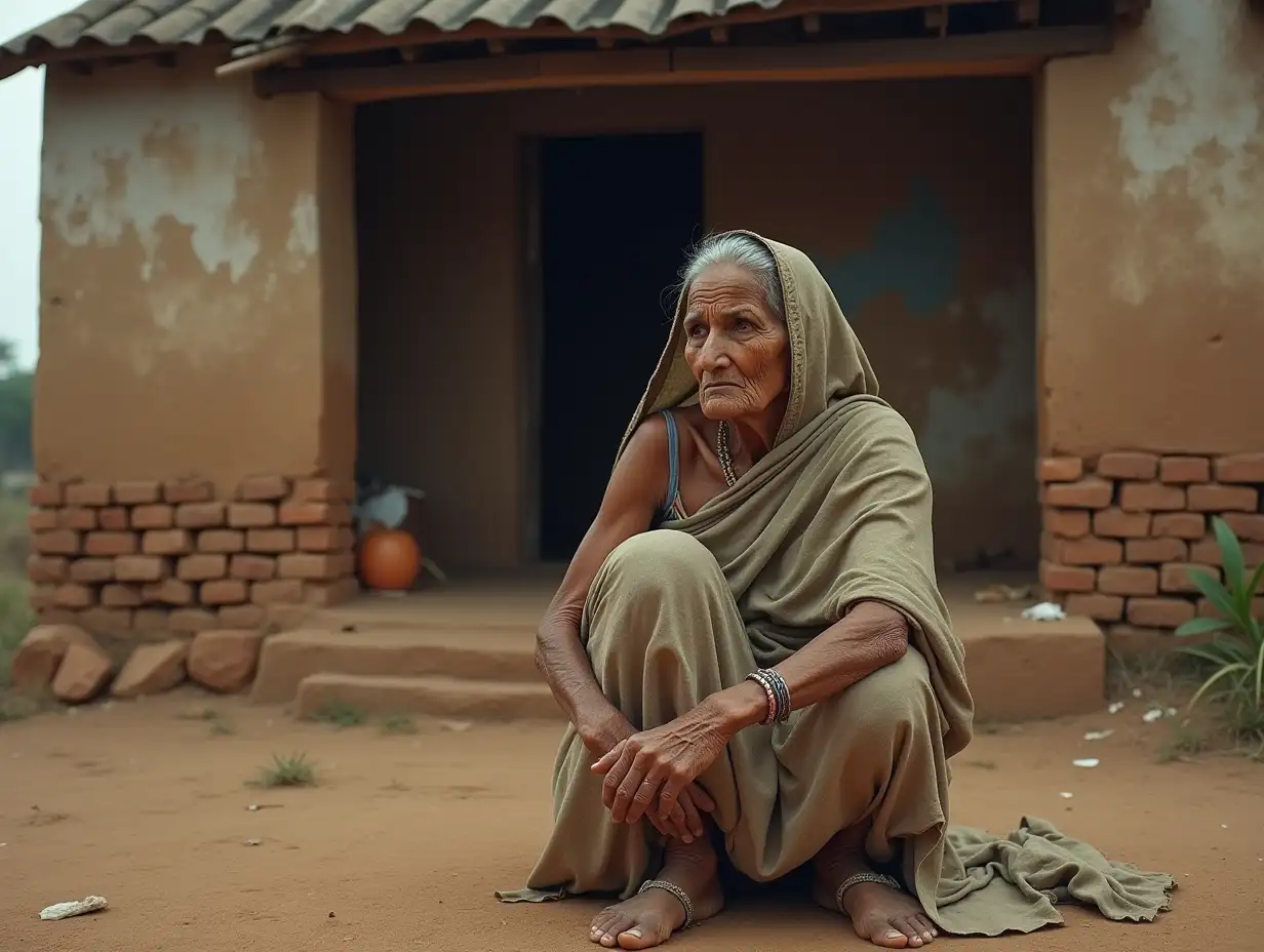 An elderly Indian woman with wrinkled skin, wearing a faded sari, sitting alone on the ground in front of an old, crumbling rural house made of clay and bricks. Her expression is sad and reflective, with tired eyes looking into the distance. The house has peeling walls, a broken door, and a small verandah. The atmosphere is quiet and somber, with muted earthy tones and soft natural lighting, realistic style.