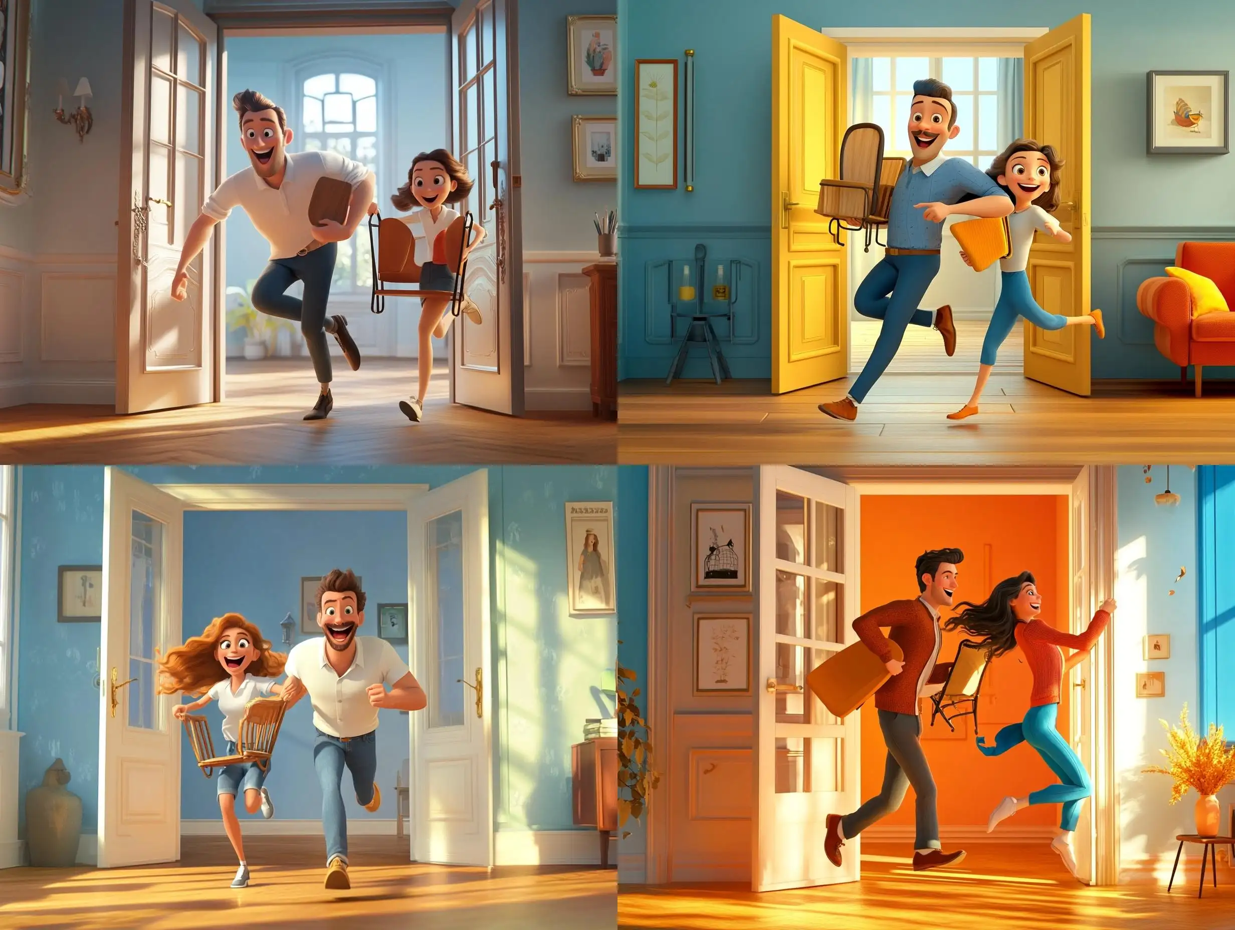 Joyful-European-Couple-Running-with-Chairs-Through-Apartment-Door