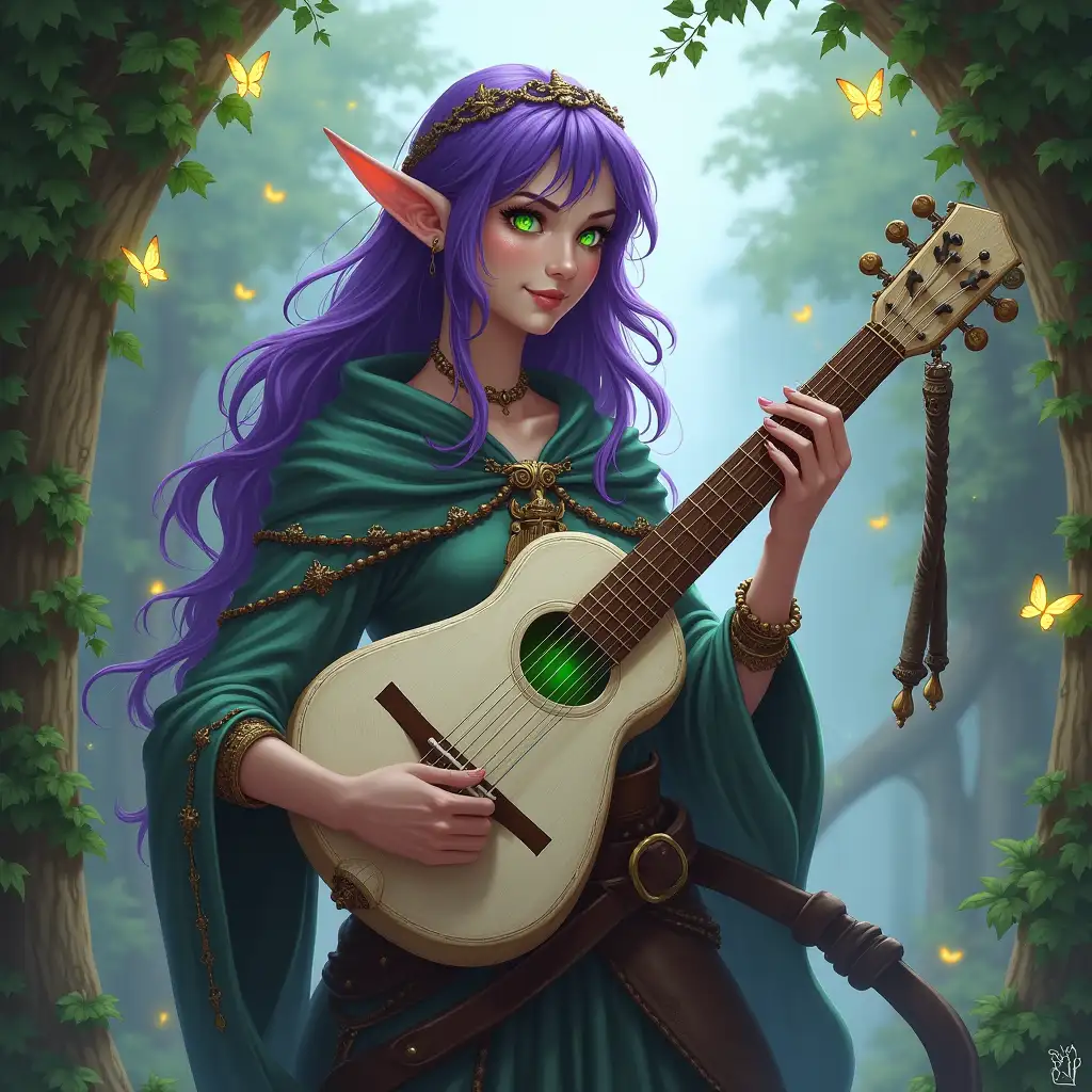 Elf-Bard-with-Purple-Hair-and-Glowing-Green-Eyes-Playing-Lute-Among-Glowing-Butterflies-and-Vineyards