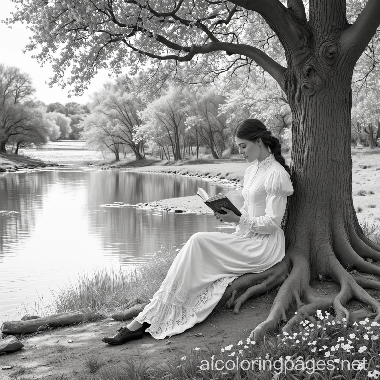 Victorian-Young-Woman-Reading-Under-a-Tree-by-a-River-in-Spring