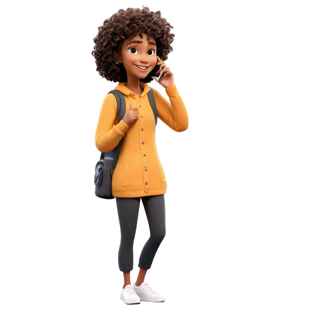 An animated character with curly hair talking on a mobile phone