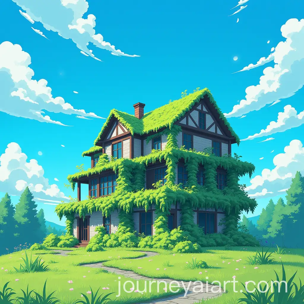 Abandoned-House-Overgrown-with-Nature-under-a-Blue-Sky-Makoto-Shinkai-and-Studio-Ghibli-Inspired-Anime-Art
