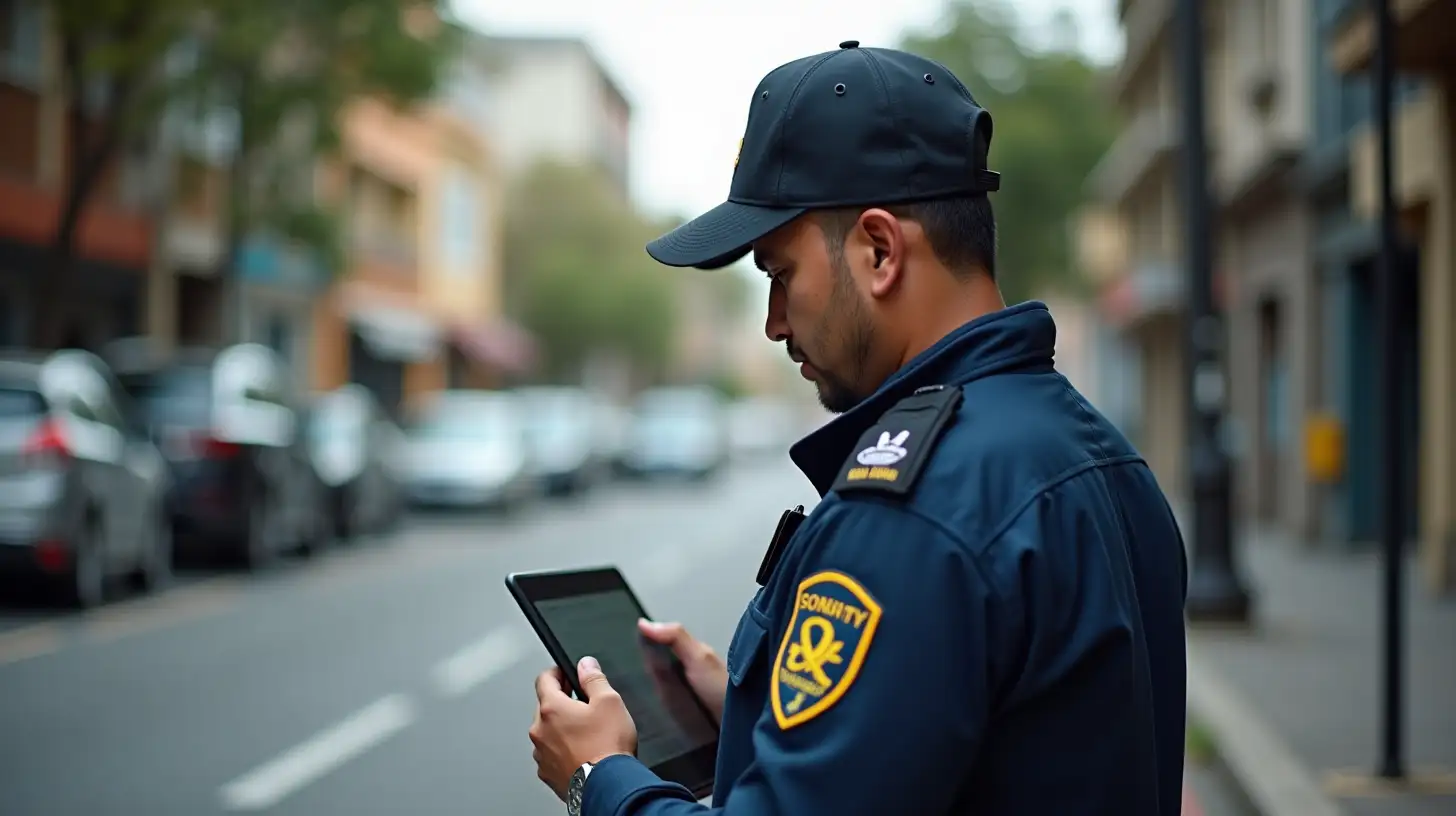 Colombian Security Guard Utilizing Rondinc App in Urban Landscape