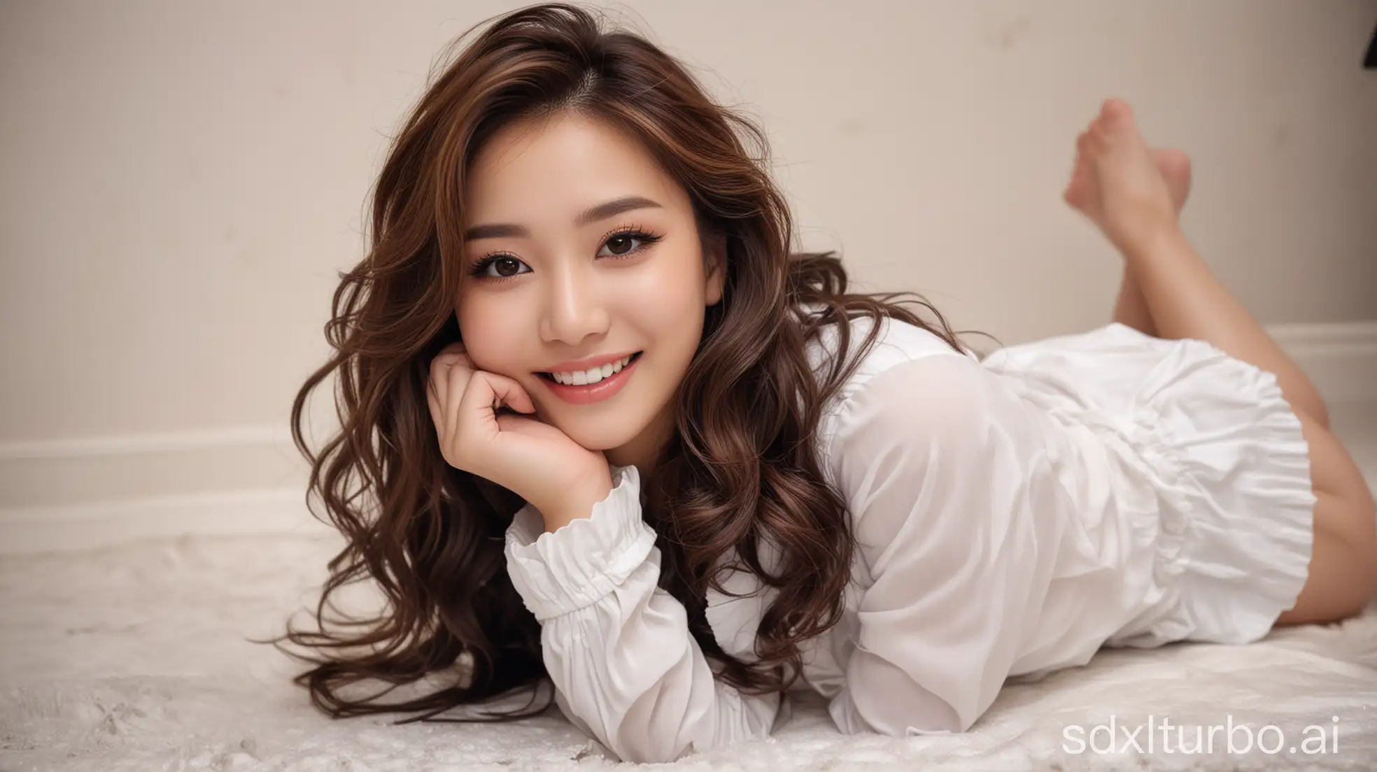 Chinese-Beauty-with-Sweet-Smile-in-Winter-Outfit-Lying-Down-in-Cozy-Room