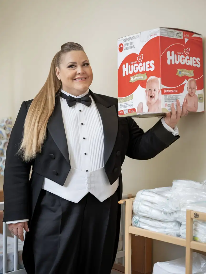 sweet very beautiful smiling middle aged huge fat obese with large wide hips Caucasian woman, with long blonde straight pulled back ponytail hair, standing facing forward wearing a very formal concert tuxedo with black long sleeve cropped Eton jacket, white wing tip tuxedo shirt with pleated front, scarlet red adjustable neckband bow tie, scarlet red cummerbund, black high cut leotard bottom, fishnets, holding large scarlet red and white box of Huggies while standing next to a changing table with a stack of plastic disposable diapers in a nursery, full body front view