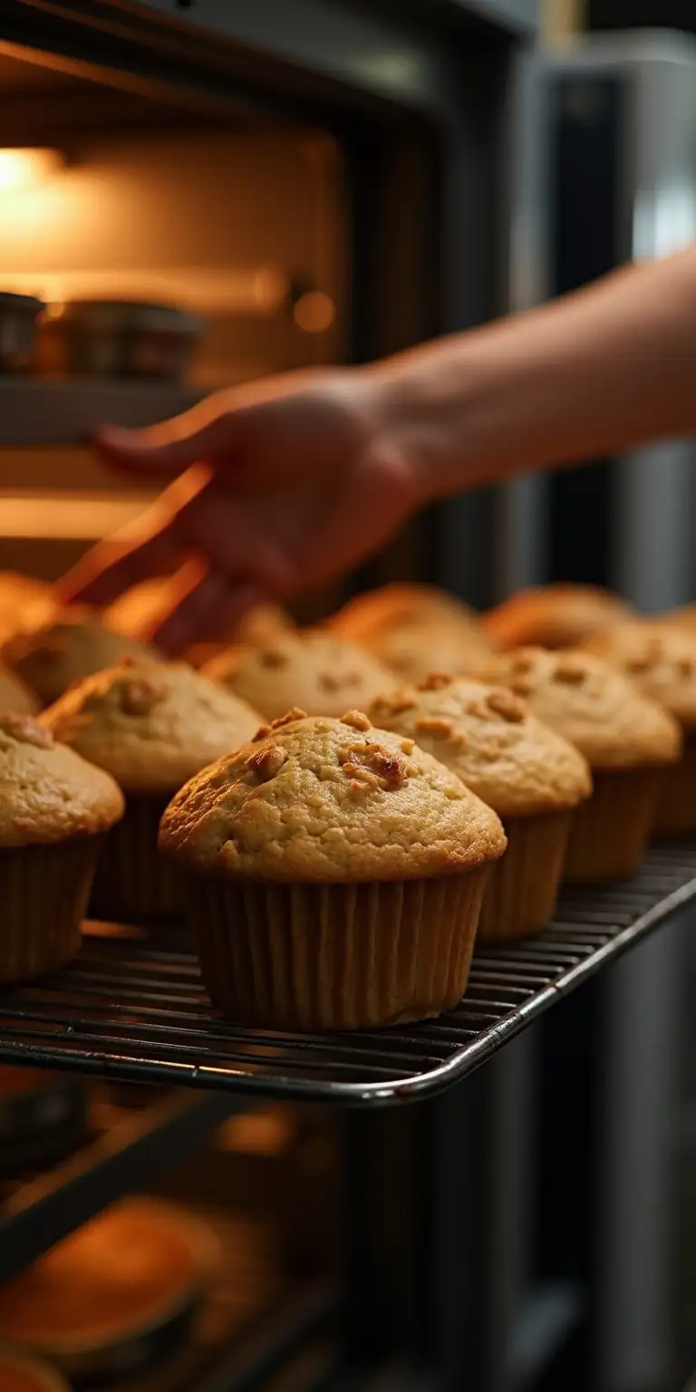 Fresh Whole Grain Muffins Being Pulled from a Bakery Oven by a Chef