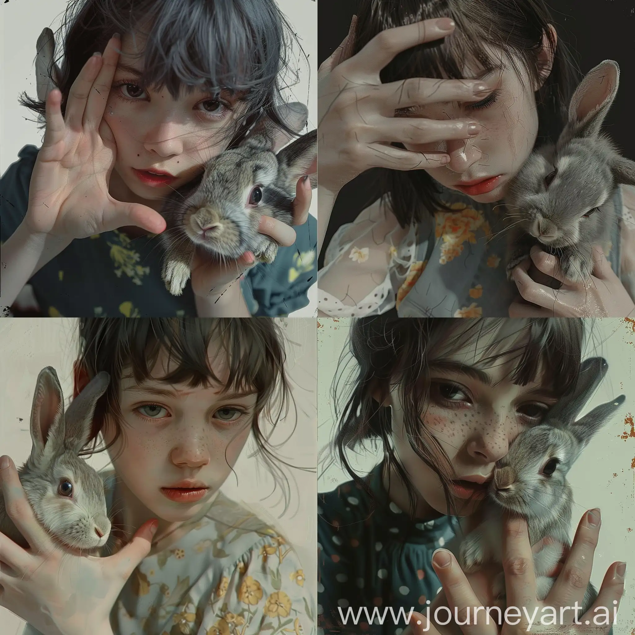 Girl-with-Gray-Short-Hair-Close-to-a-Rabbit