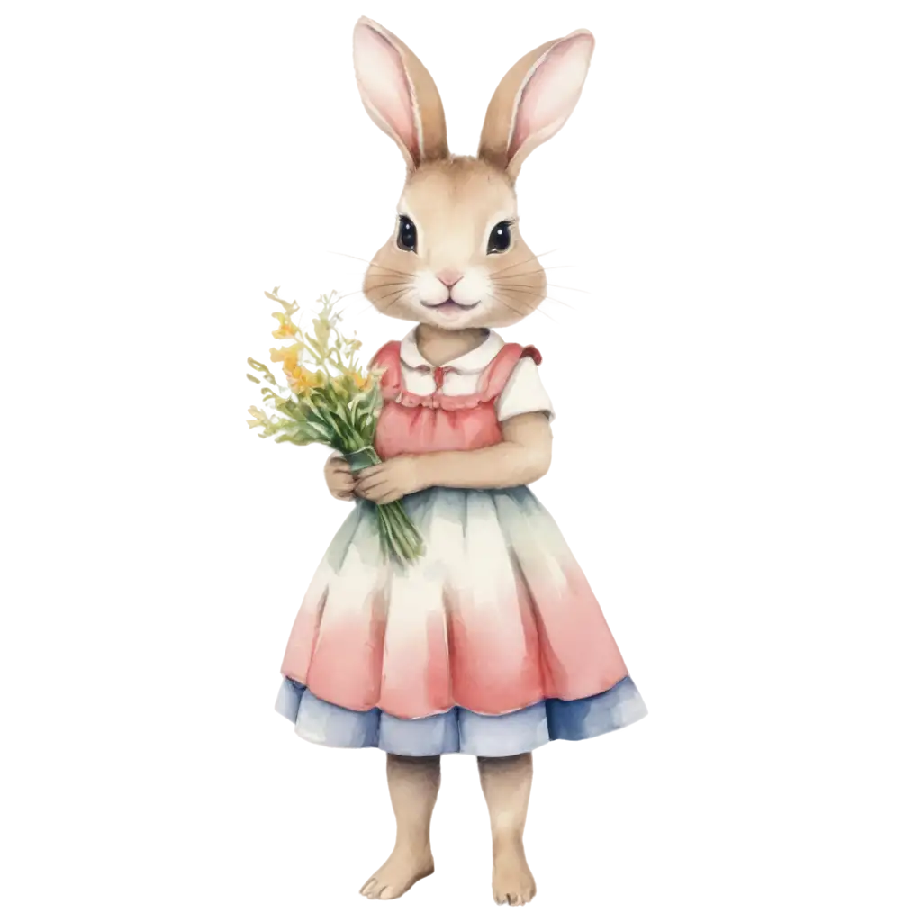 Watercolor-Drawing-of-Female-Rabbit-in-Dress-Holding-Flowers-HighQuality-PNG-Image