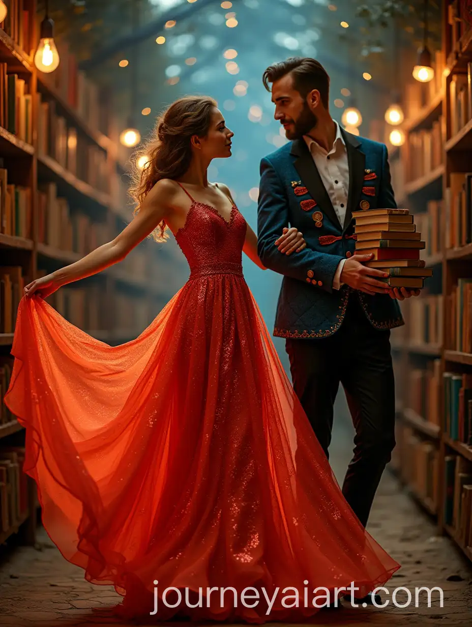 Woman-in-Glittering-Red-Gown-and-Man-with-Books-Amidst-a-Magical-Bookstore-Landscape