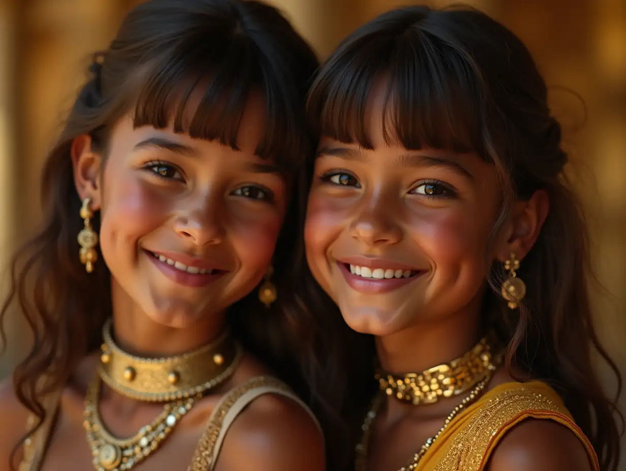 Two young black girls with Alien face, with brown hair, with a light smile on their faces, highlighting their smiles, modern retro jewelry, in a temple with much gold in various shades  4k quality