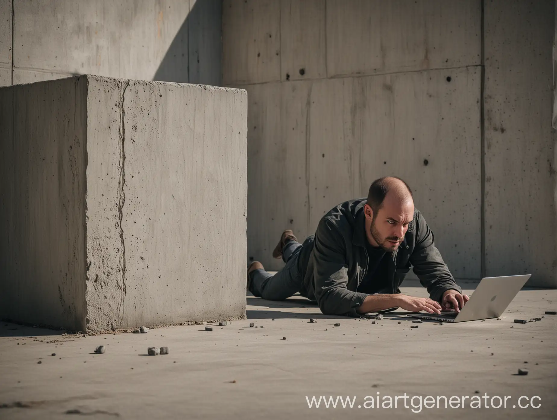 Person-Hiding-Behind-Concrete-Cube-Watching-Laptop-During-Shootout