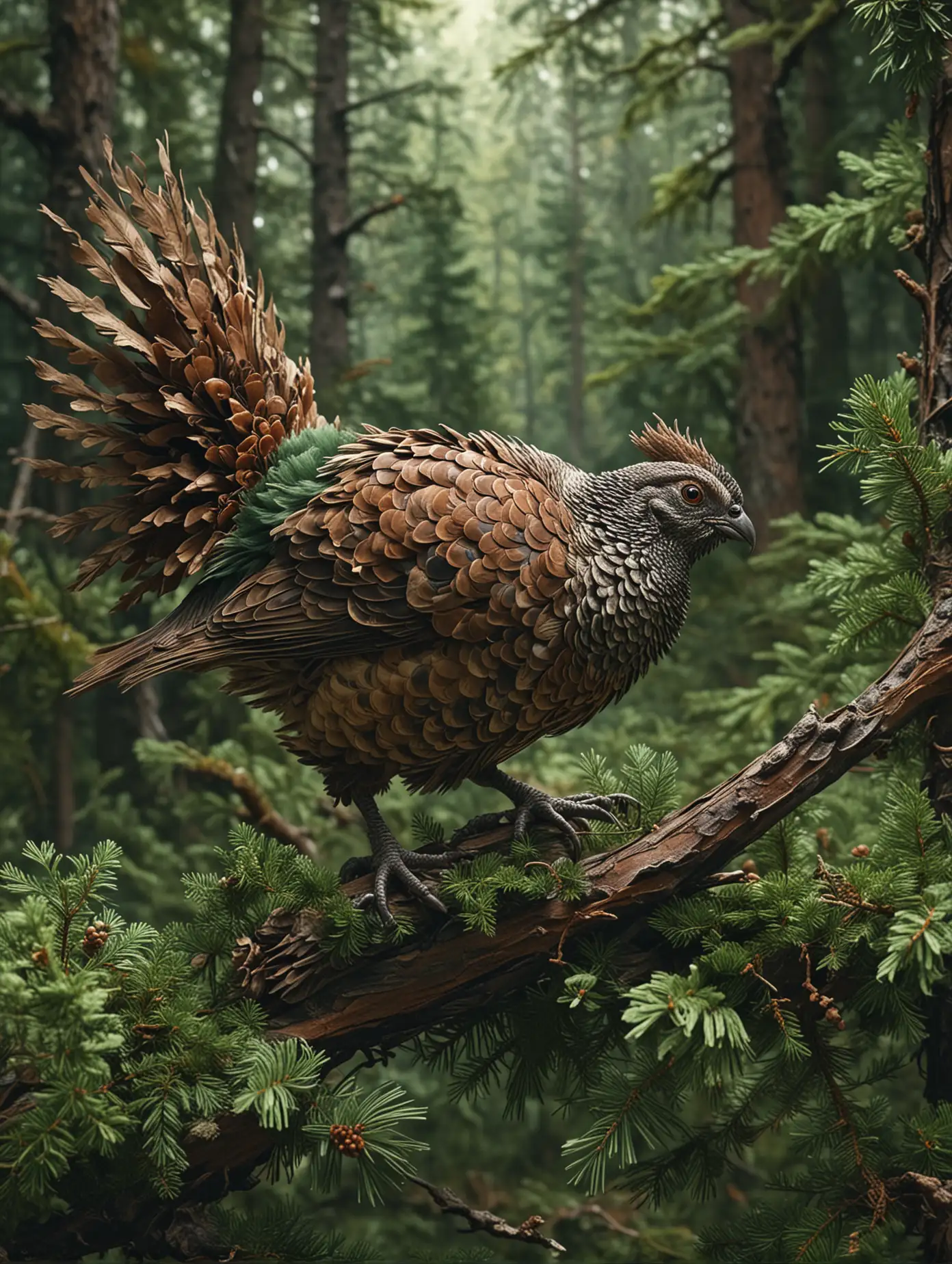 Fantasy World Movie Still Pinecone Grouse on Pine Branch in Green Palette