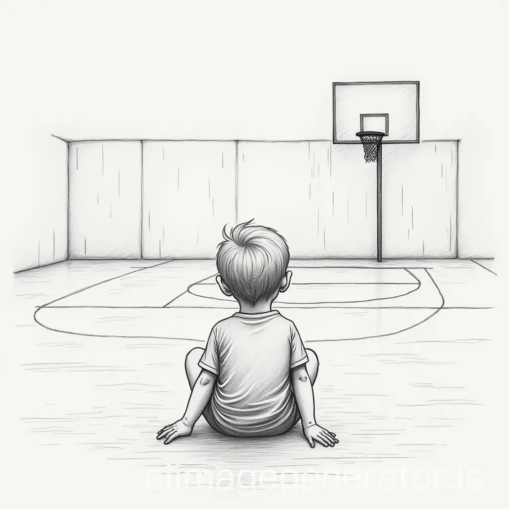 a child in pencil drawing who is sitting alone sad in a recreation court