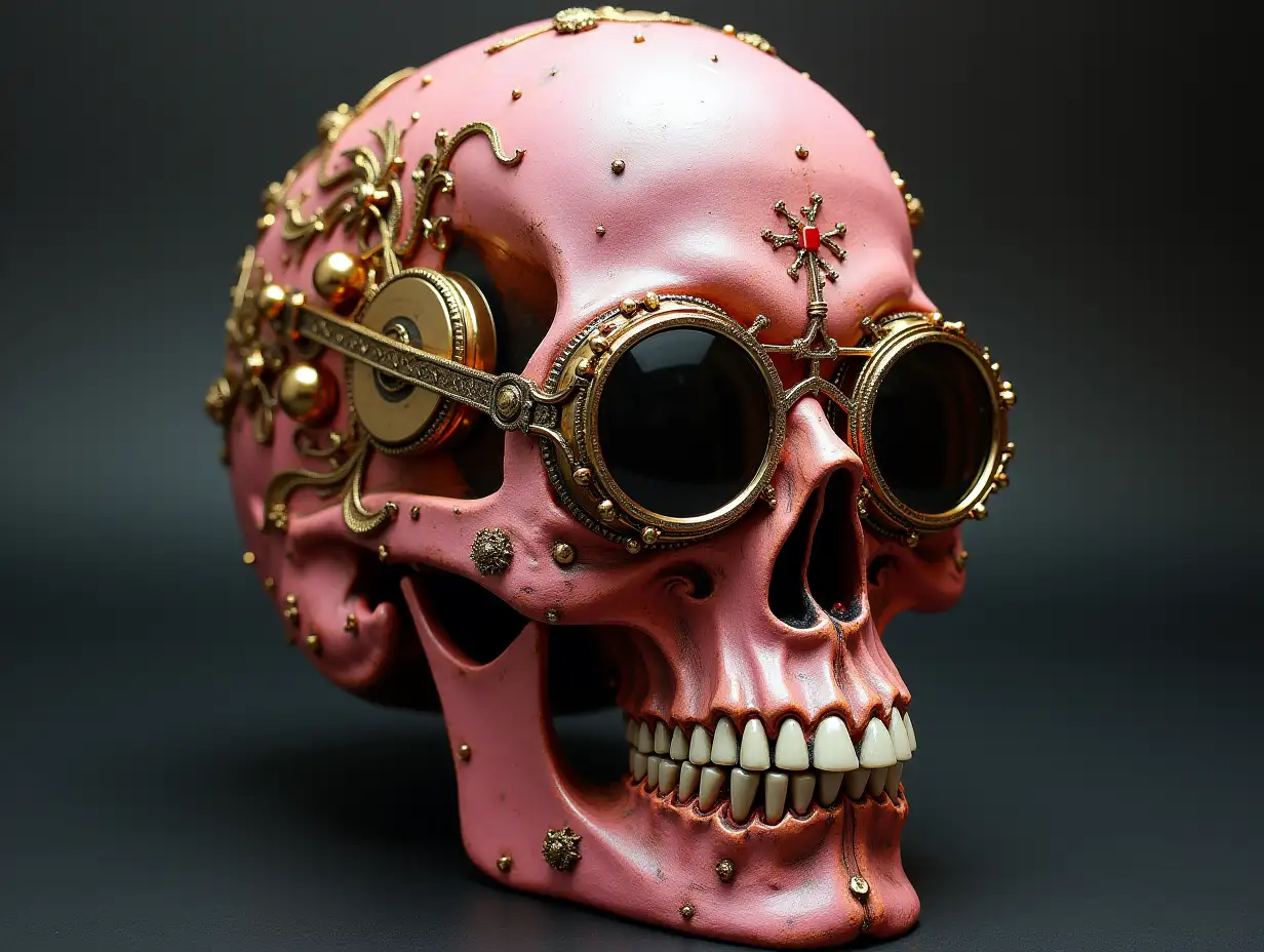 Cyber Totenkopf mit Glasaugen, Porzellan and pink with golden ornaments Steampunk 100 mm Capture