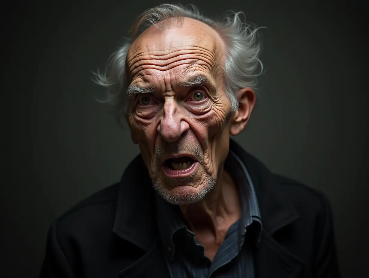 AI 70-year-old man with many wrinkles, scary face