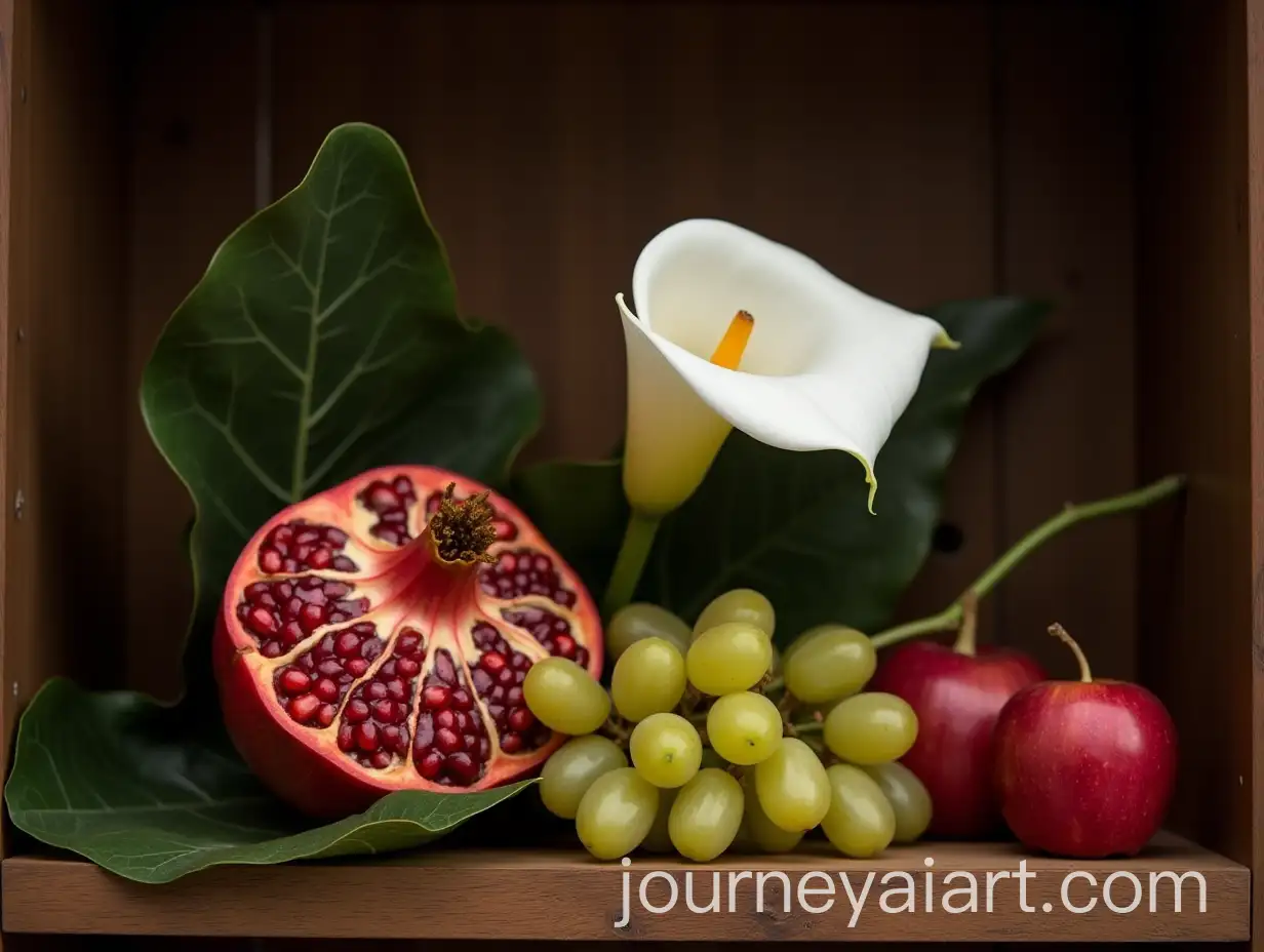 Realistic-Still-Life-with-Pomegranate-Apple-Grapes-and-Calla-Lily-on-Wooden-Shelf
