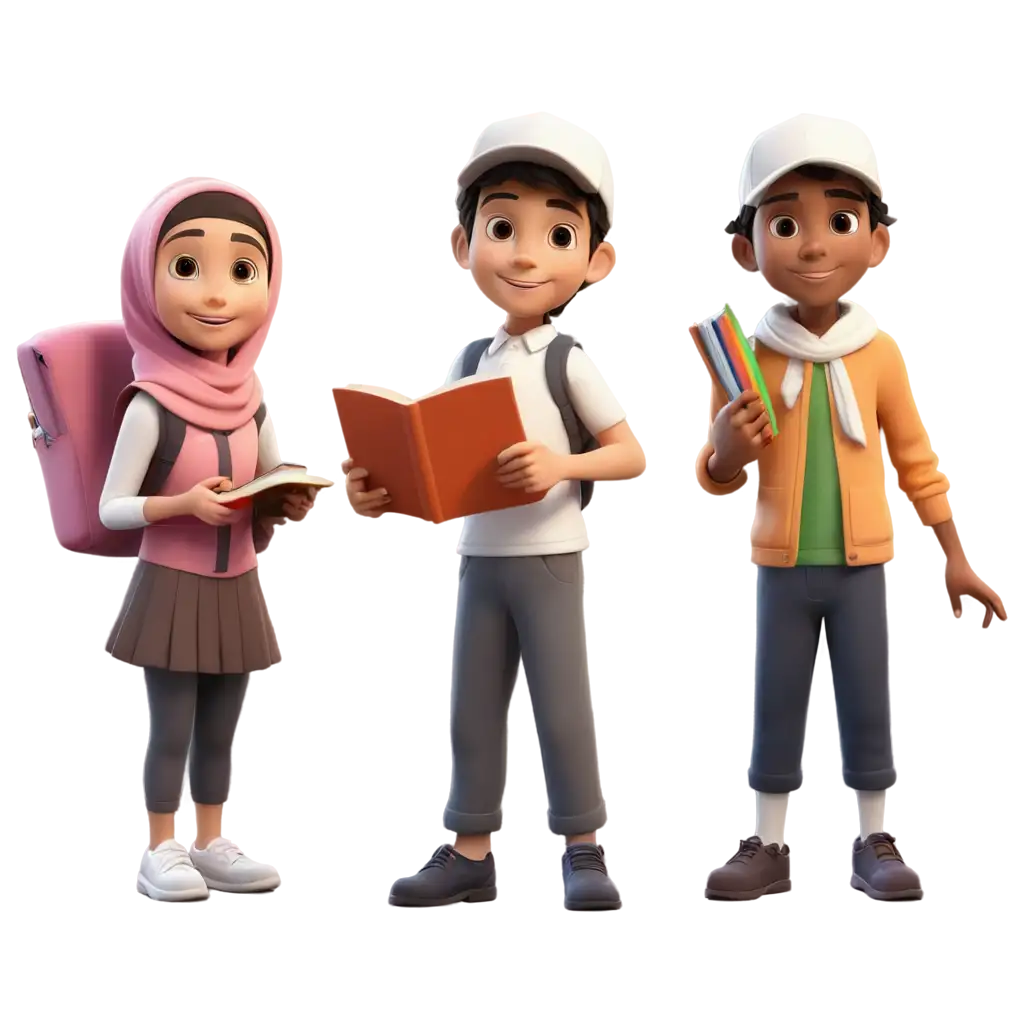 create 3d cartoon, two small muslim children, a boy wearing peci and a girl wearing hijab, standing holding book