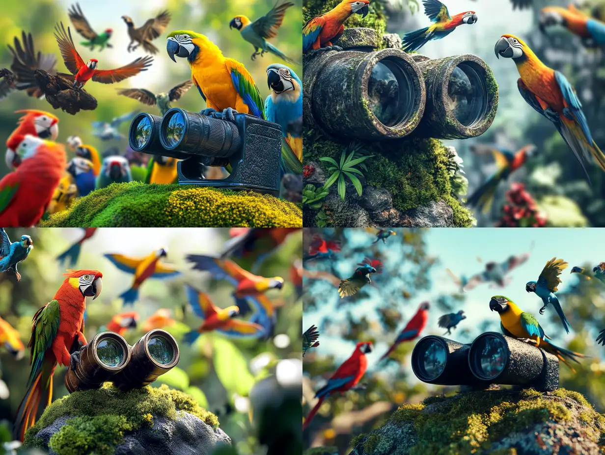 CloseUp-3D-Image-of-Binoculars-with-Parrots-Toucans-and-Cardinals-in-Lush-Forest-Setting