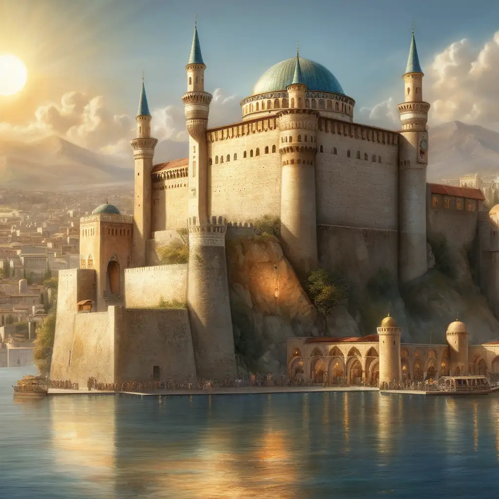 Majestic Fortress of the Ottoman Empire with Sun Element in Magic The Gathering Style