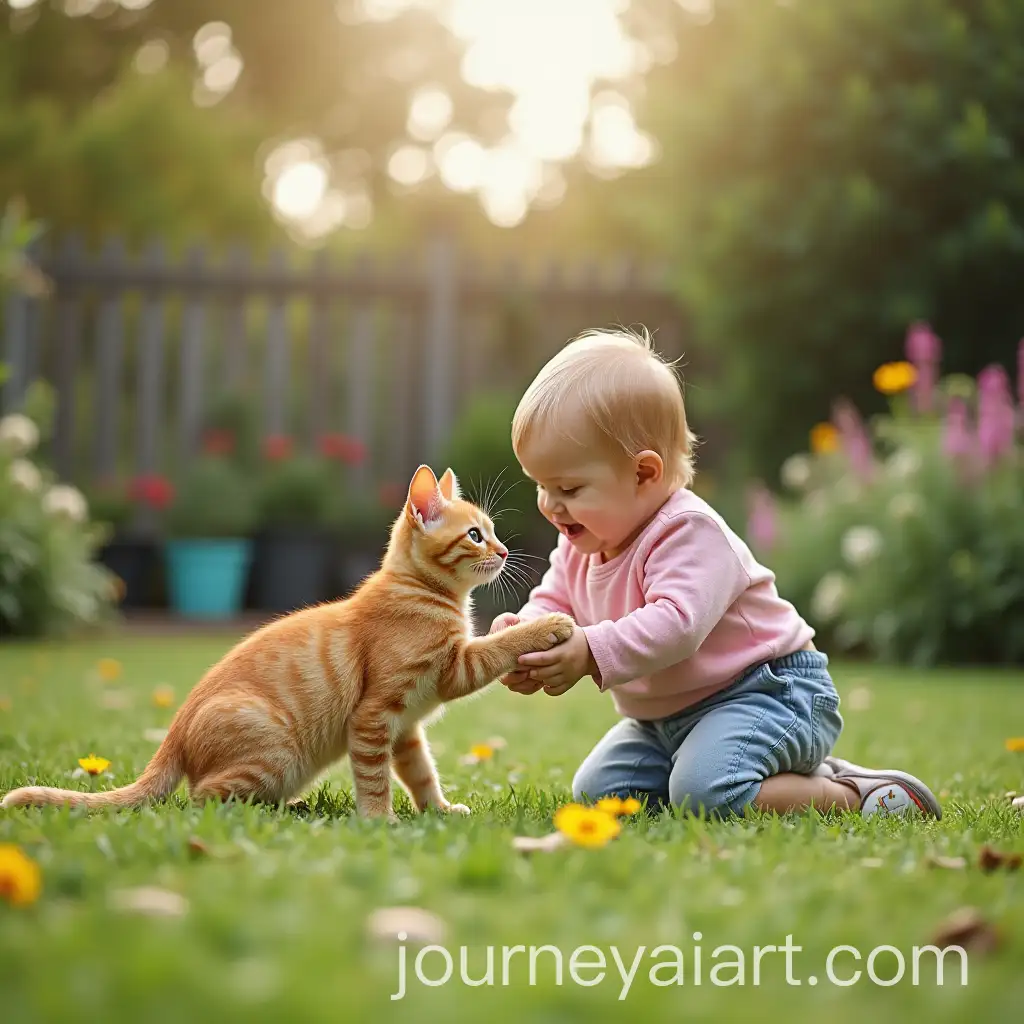 Toddler-and-Cat-Playing-Together-in-a-Garden