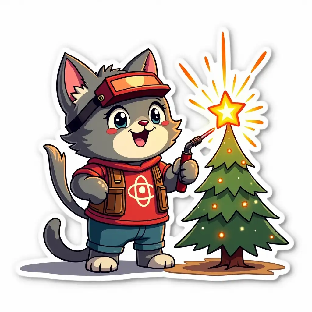 kawaii positive little gray shaggy cat wearing a welding mask in worker clothes with of an atom symbol on t-shirt. He holds the welding machine and directs the welding electrode at the star on the Christmas tree, and sparklers fly out of it. vibrant and dynamic die cut sticker design top-view, high resolution, vector art,  white background, paint in anime style