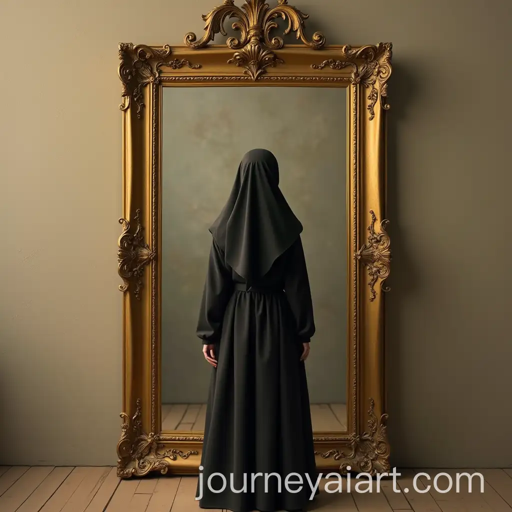 Hijabi-Woman-in-Front-of-Antique-Mirror-Vintage-Minimalist-Digital-Oil-Painting